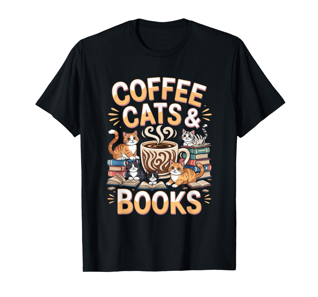 Cat Sleeping Coffee And Book Stack Art T-Shirt - Custom Art Print Men Women - T-Shirt, Sweatshirt, Hoodie
