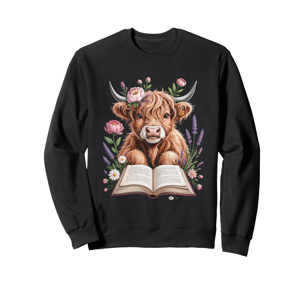 Highland Cow Reading Books Sweatshirt - Unique Graphic Men Women - T-Shirt, Sweatshirt, Hoodie