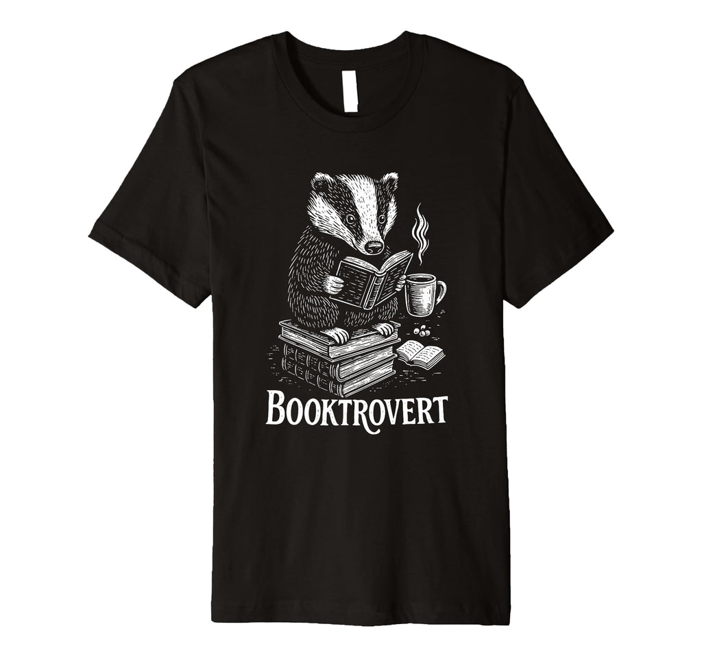Bookish Coffee Loving Badger Library T-Shirt - Minimalist Print Unisex - T-Shirt, Sweatshirt, Hoodie