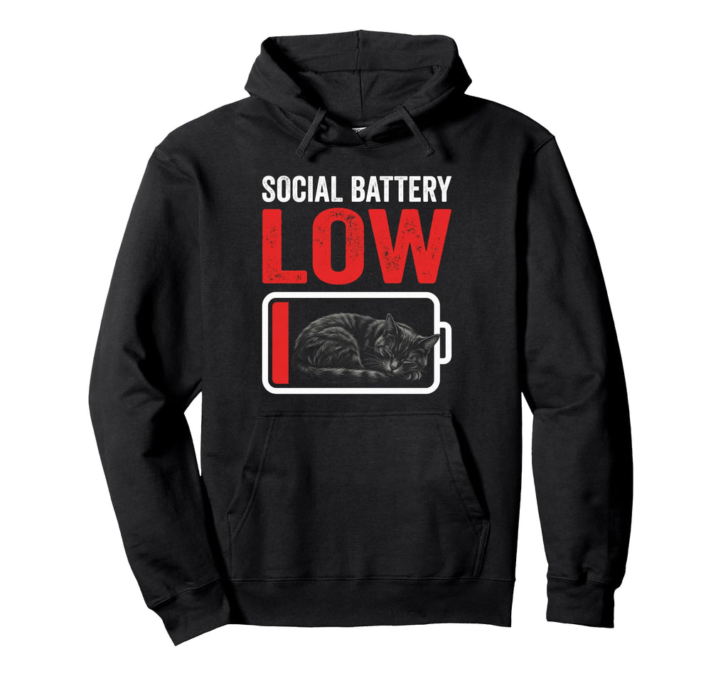 Social Battery Low Sleeping Black Cat Hoodie - Fun Novelty Design Unisex - T-Shirt, Sweatshirt, Hoodie