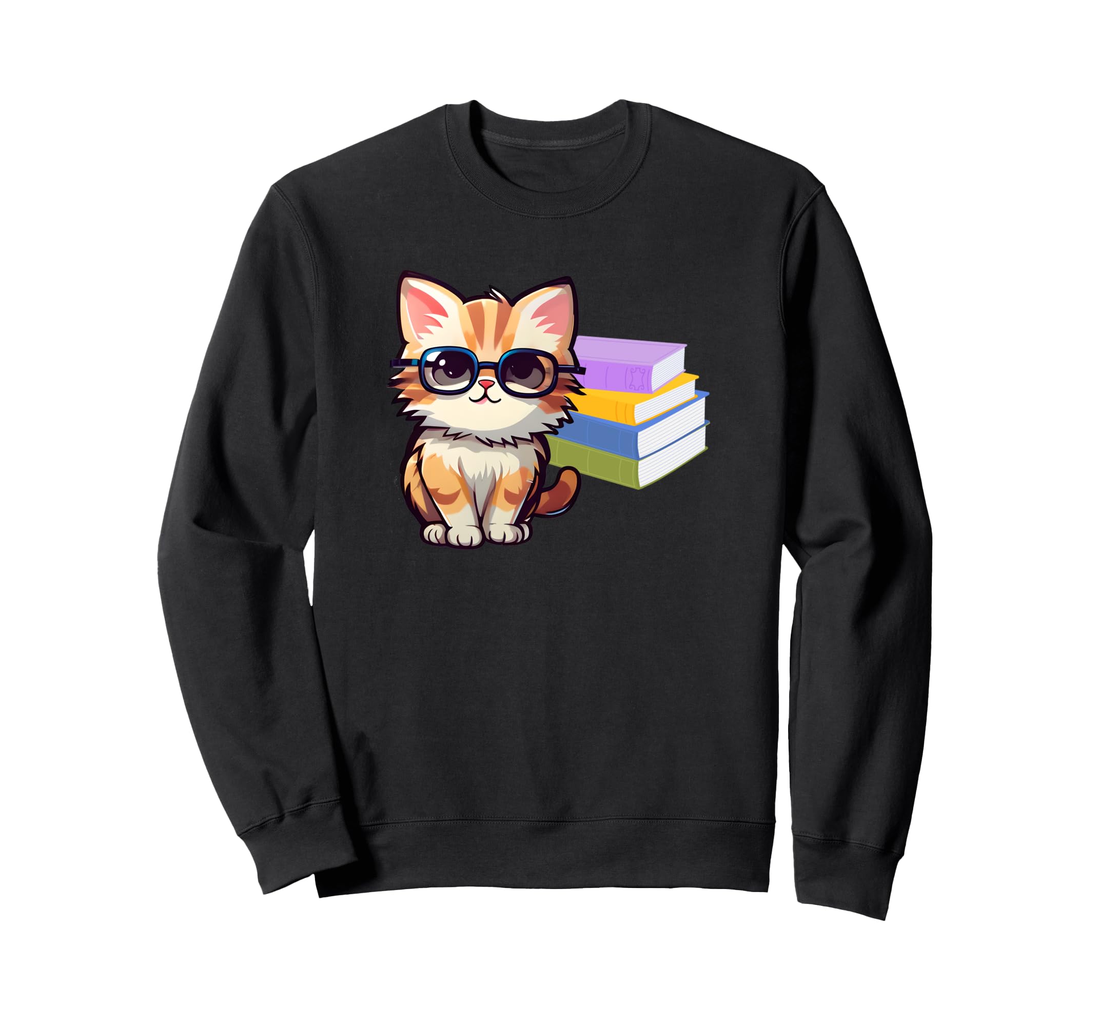 Nerd Cat Glasses And Books Kitten Cat Sweatshirt - Minimalist Print Unisex - T-Shirt, Sweatshirt, Hoodie