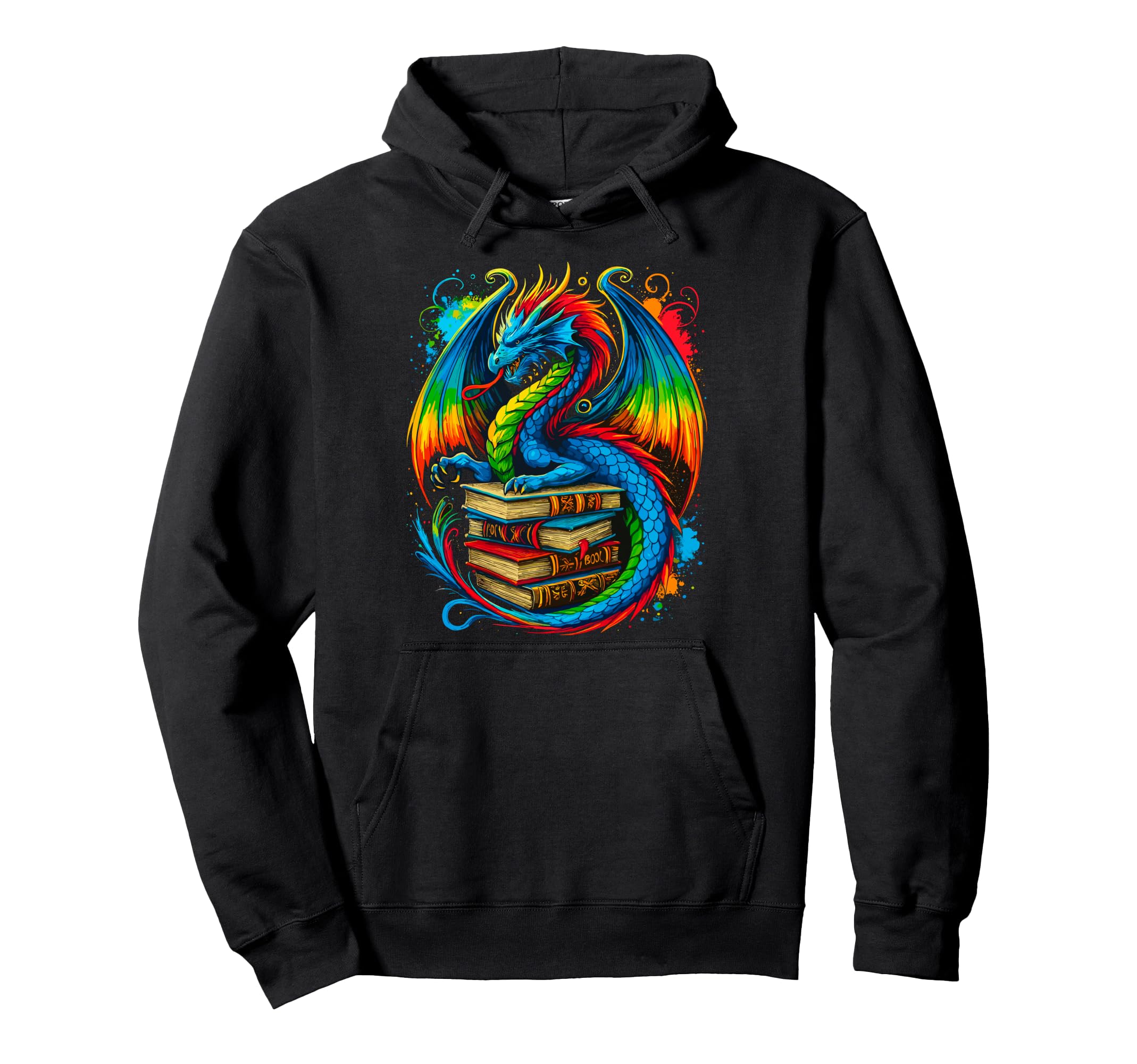 Dragon Reading Colorful Fantasy Book Hoodie - Aesthetic Graphic Unisex - T-Shirt, Sweatshirt, Hoodie