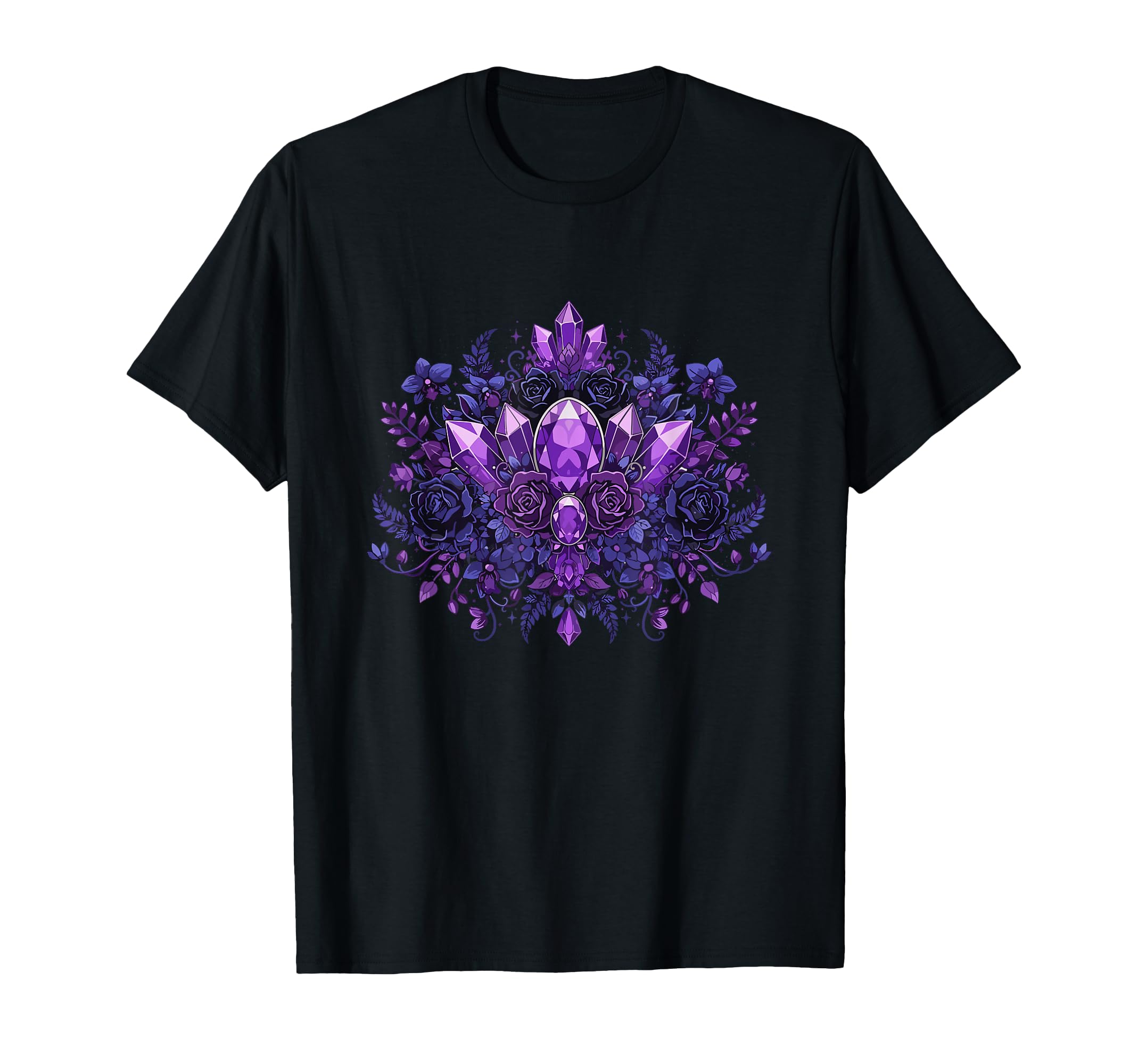 Mystic Amethyst Crystals Dark Roses T-Shirt - Custom Art Print Unisex - T-Shirt, Sweatshirt, Hoodie