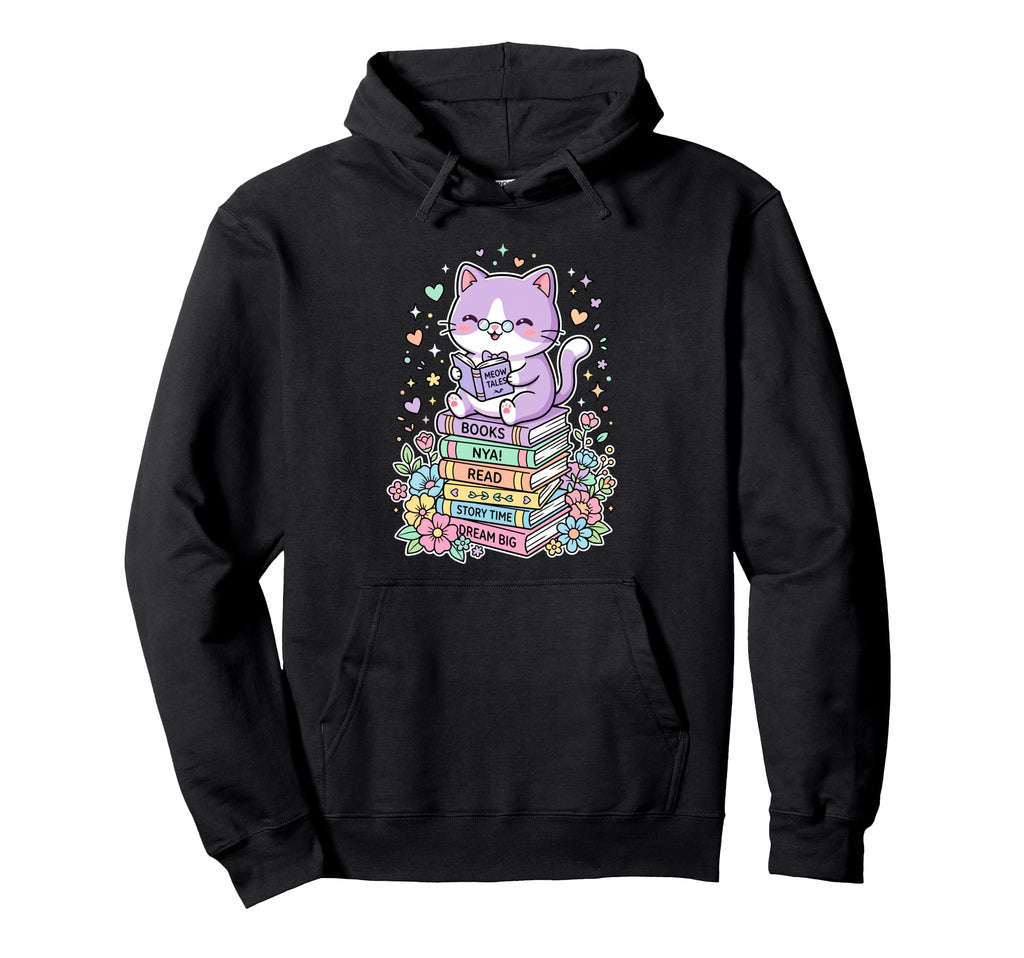 Kawaii Cat Reading Books Flowers Hoodie - Casual Everyday Wear Men Women - T-Shirt, Sweatshirt, Hoodie