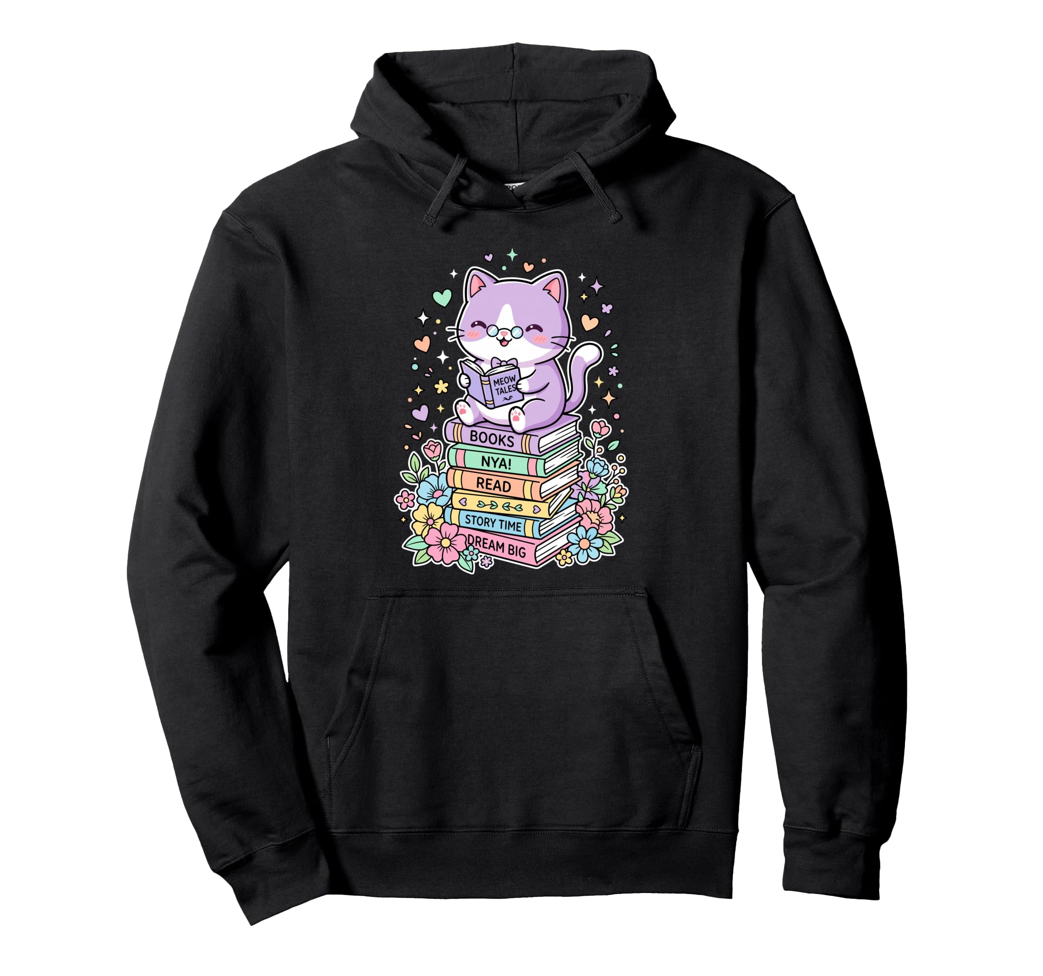 Kawaii Cat Reading Books Flowers Hoodie - Casual Everyday Wear Men Women - T-Shirt, Sweatshirt, Hoodie