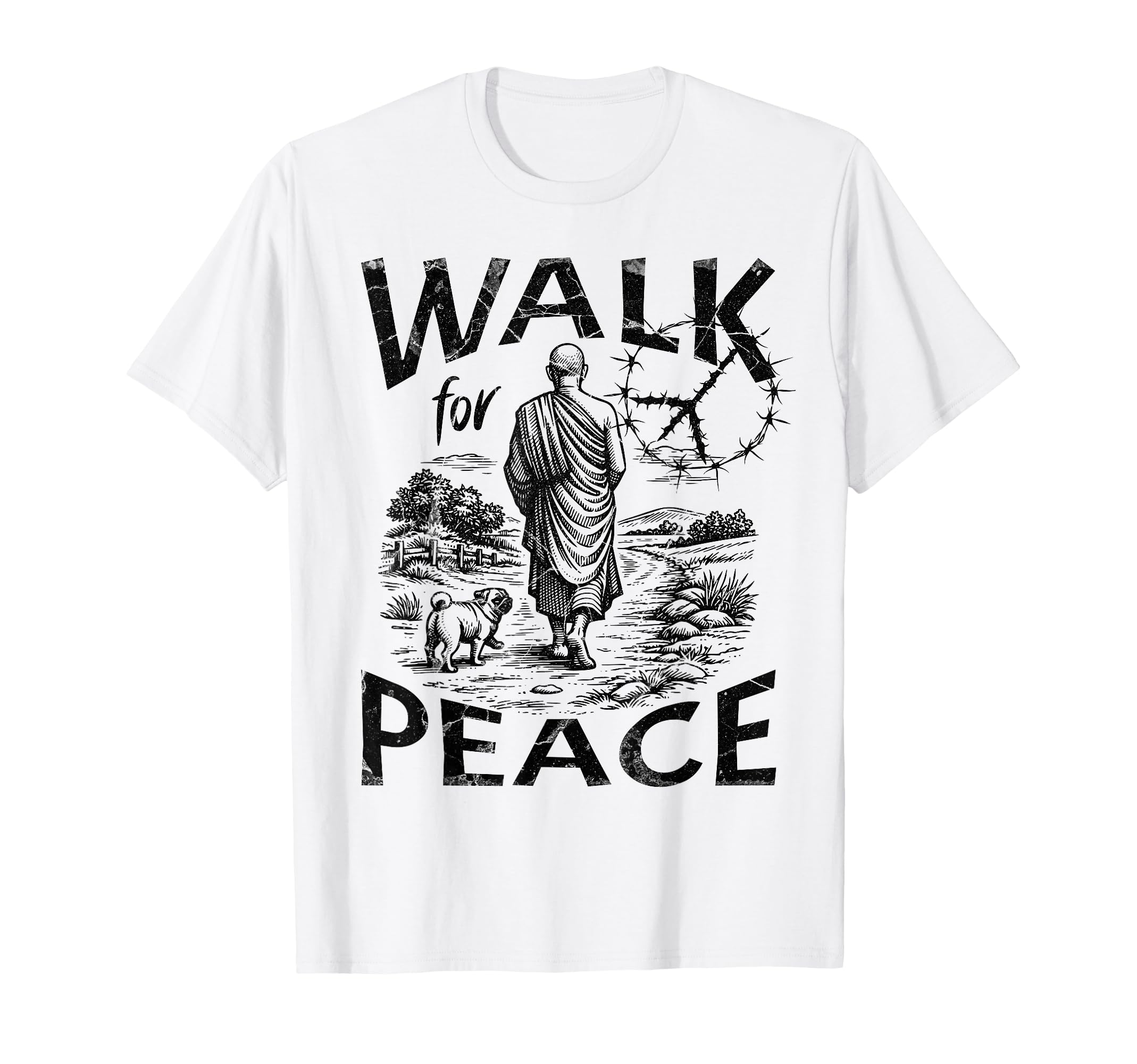 Walk Peace Monk And Pug Dog T-Shirt - Aesthetic Graphic for Adults - T-Shirt, Sweatshirt, Hoodie