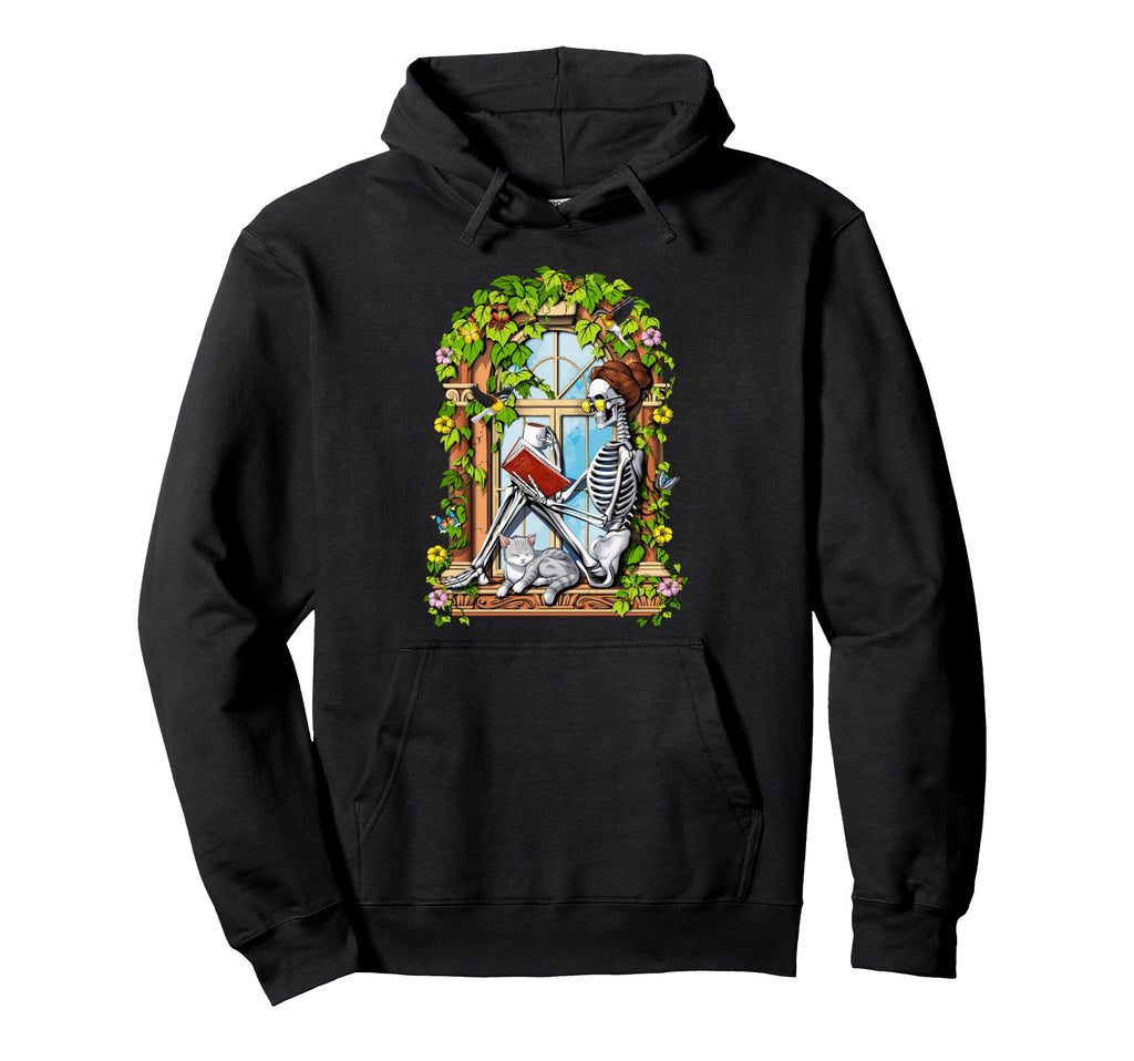 Skeleton Reading Book Floral Plants Cat Hoodie - Trendy Graphic Unisex - T-Shirt, Sweatshirt, Hoodie