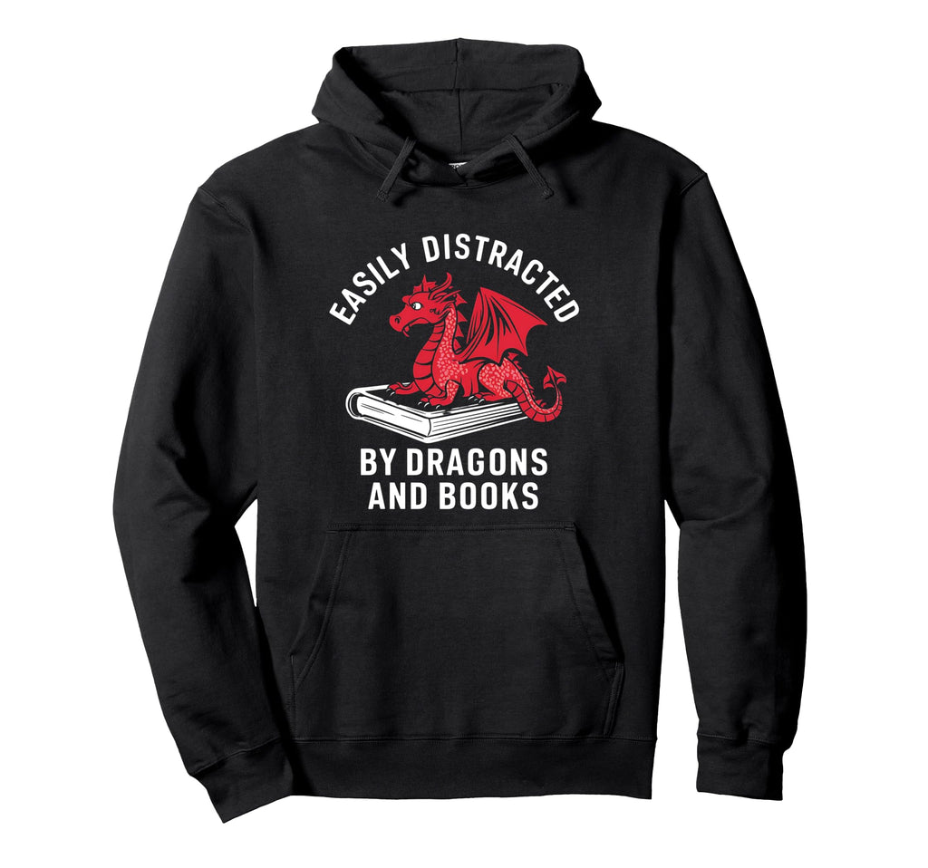 Easily Distracted Dragons And Books Hoodie - Unique Graphic Unisex - T-Shirt, Sweatshirt, Hoodie