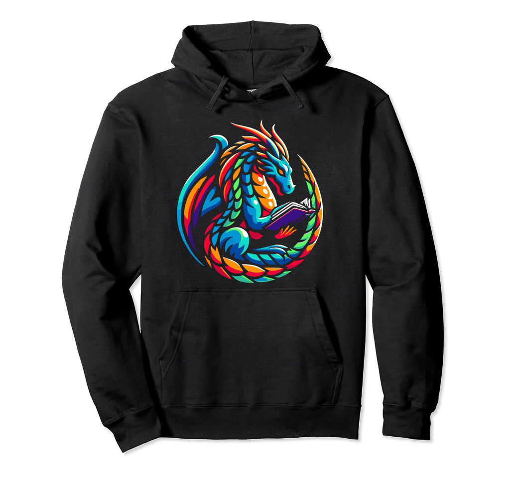 Dragon Reading Book Dragon Enthusiast Hoodie - Minimalist Print Unisex - T-Shirt, Sweatshirt, Hoodie