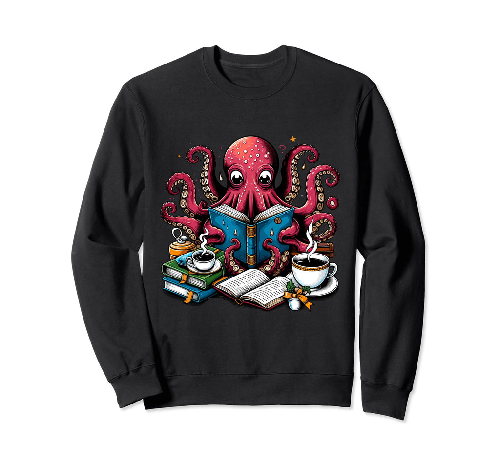 Octopus Reading Book Coffee Lover Sweatshirt - Streetwear Style Unisex - T-Shirt, Sweatshirt, Hoodie