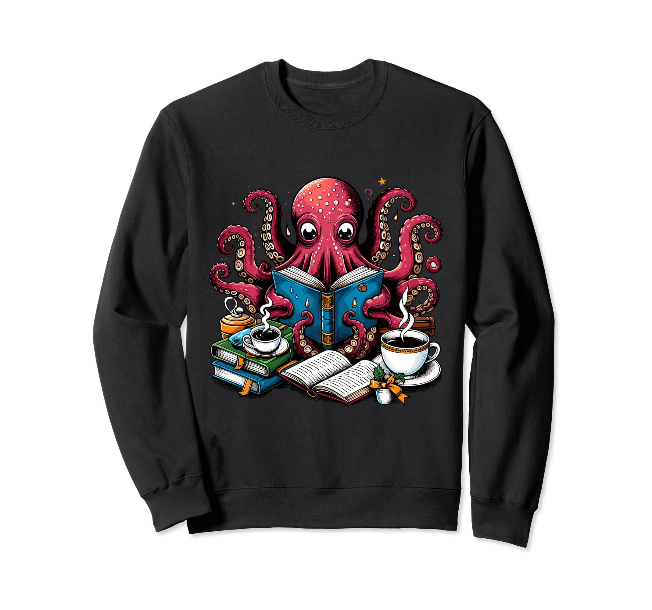 Octopus Reading Book Coffee Lover Sweatshirt - Streetwear Style Unisex - T-Shirt, Sweatshirt, Hoodie
