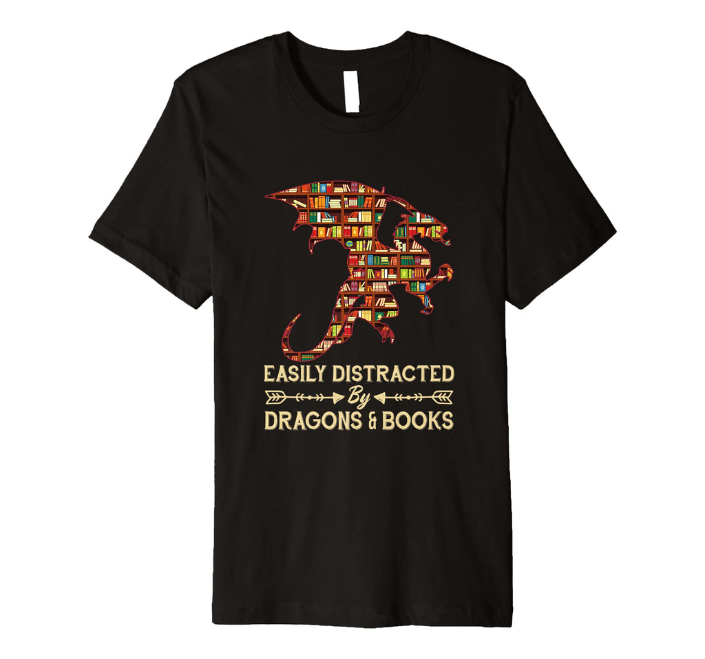 Easily Distracted Dragon And Books T-Shirt - Minimalist Print Men Women - T-Shirt, Sweatshirt, Hoodie
