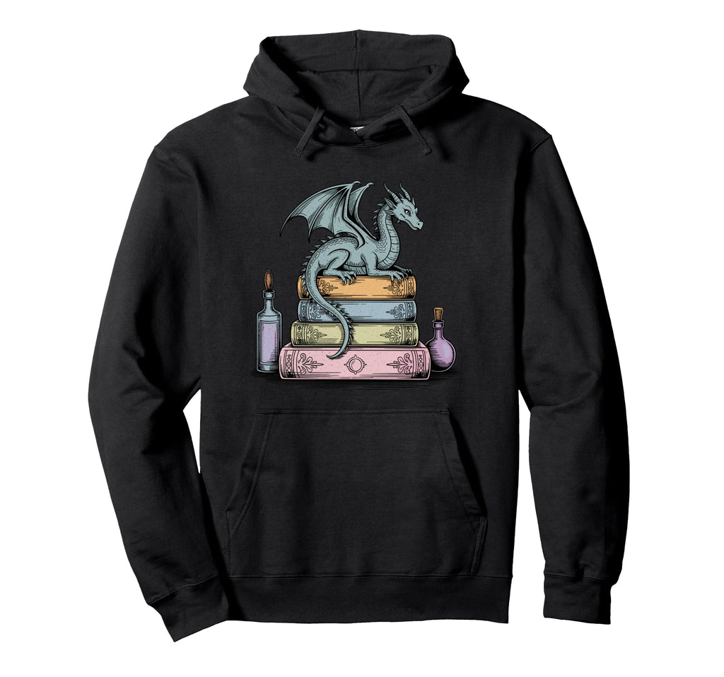 Dragon Perched Stack Books Fantasy Hoodie - Novelty Apparel for Adults - T-Shirt, Sweatshirt, Hoodie