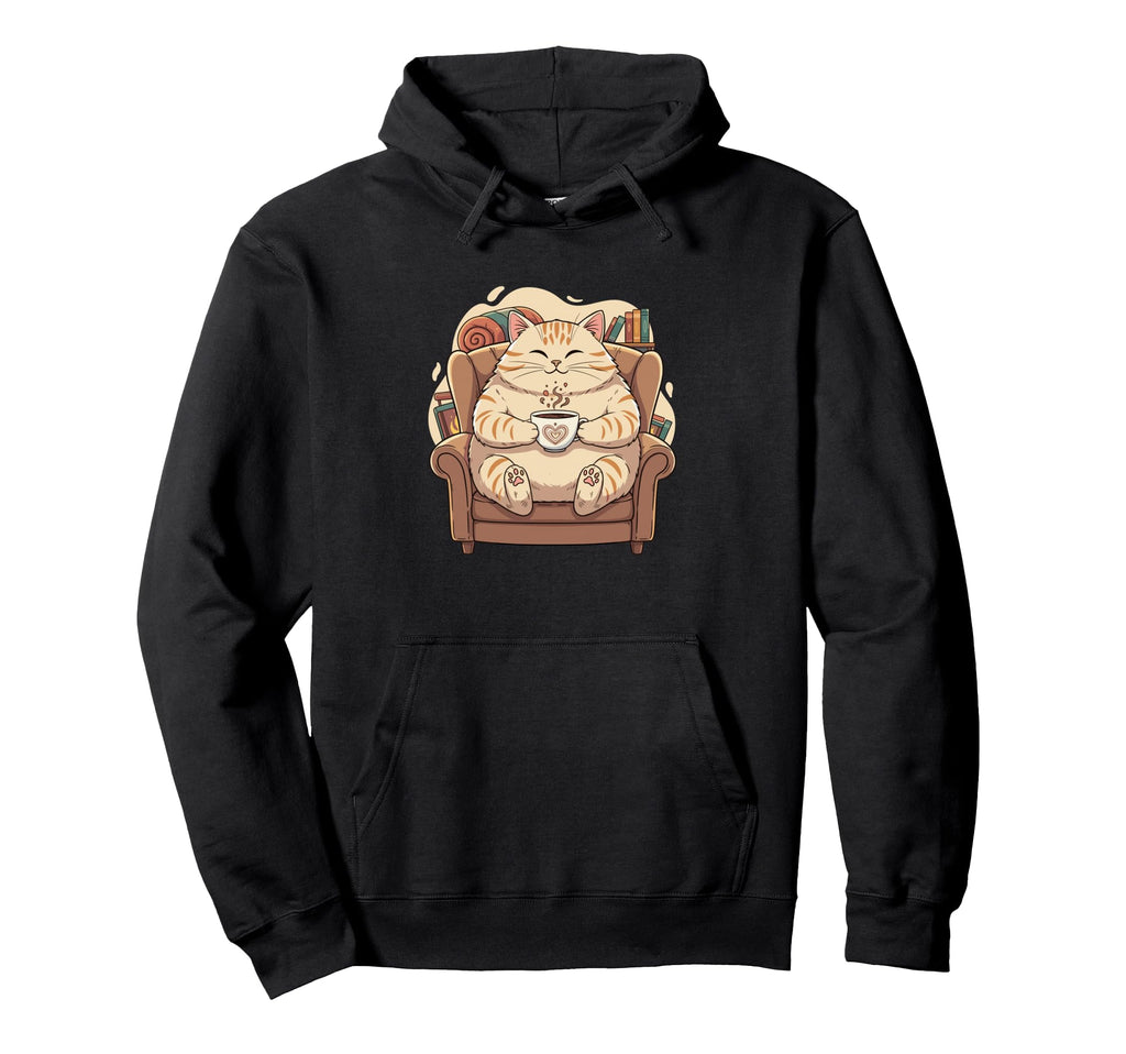 Lazy Cozy Cat Coffee Cup Book Lovers Hoodie - Novelty Apparel Men Women - T-Shirt, Sweatshirt, Hoodie