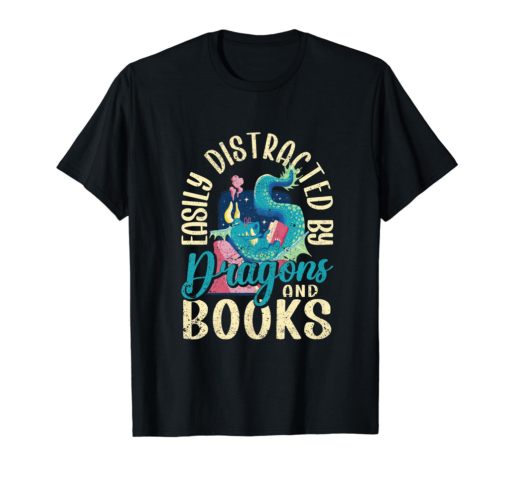 Easily Distracted Dragons And Books T-Shirt - Minimalist Print for Adults - T-Shirt, Sweatshirt, Hoodie