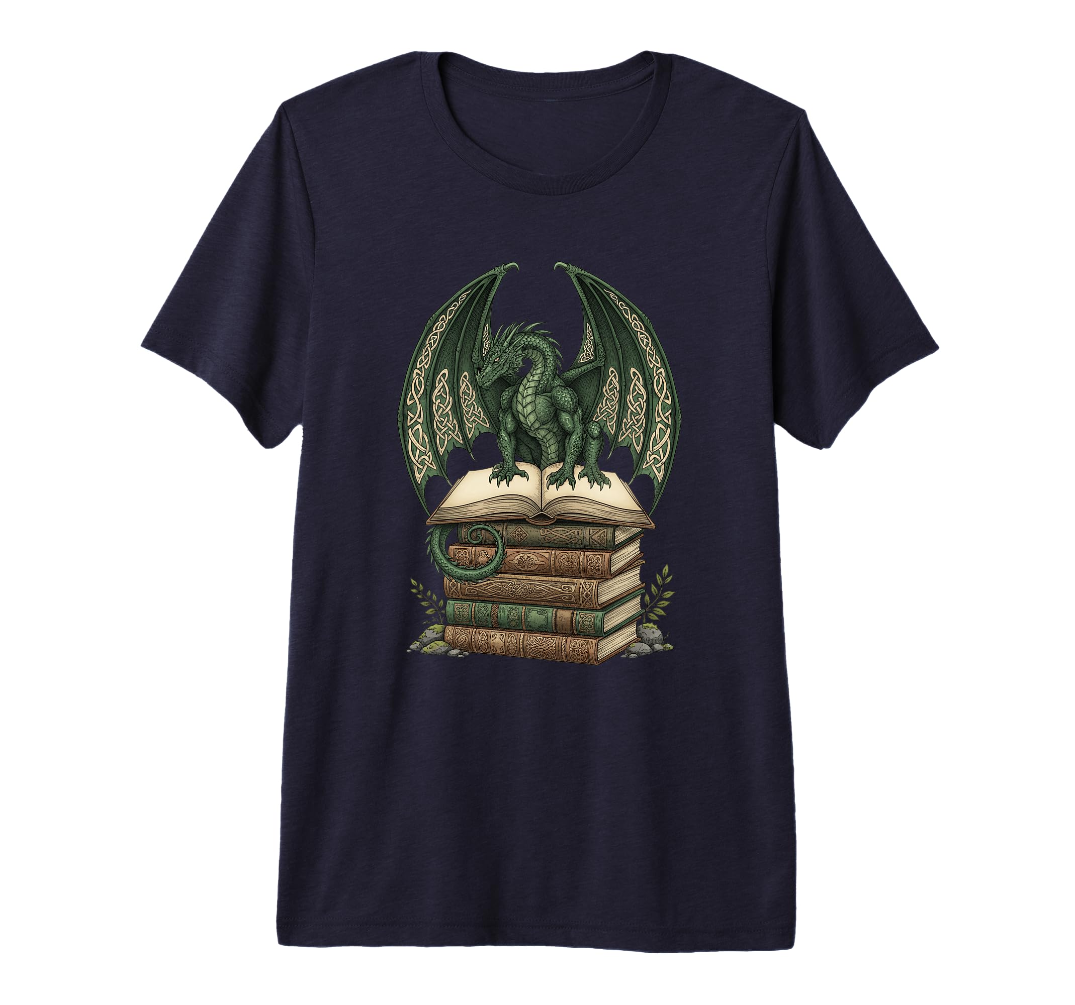 Green Celtic Dragon Perched Books Literary T-Shirt - Unique Graphic Unisex - T-Shirt, Sweatshirt, Hoodie
