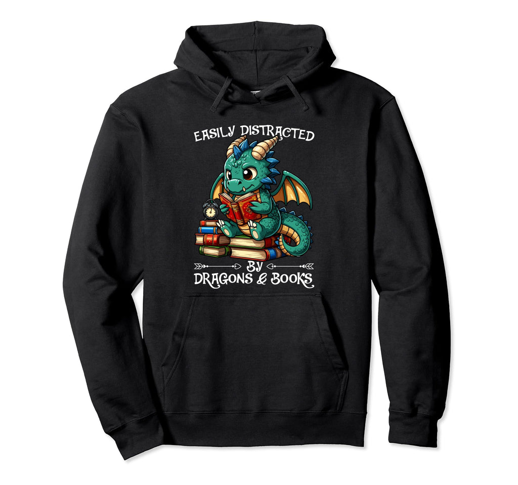 Easily Distracted Dragon And Books Nerds Hoodie - Unique Graphic Men Women - T-Shirt, Sweatshirt, Hoodie