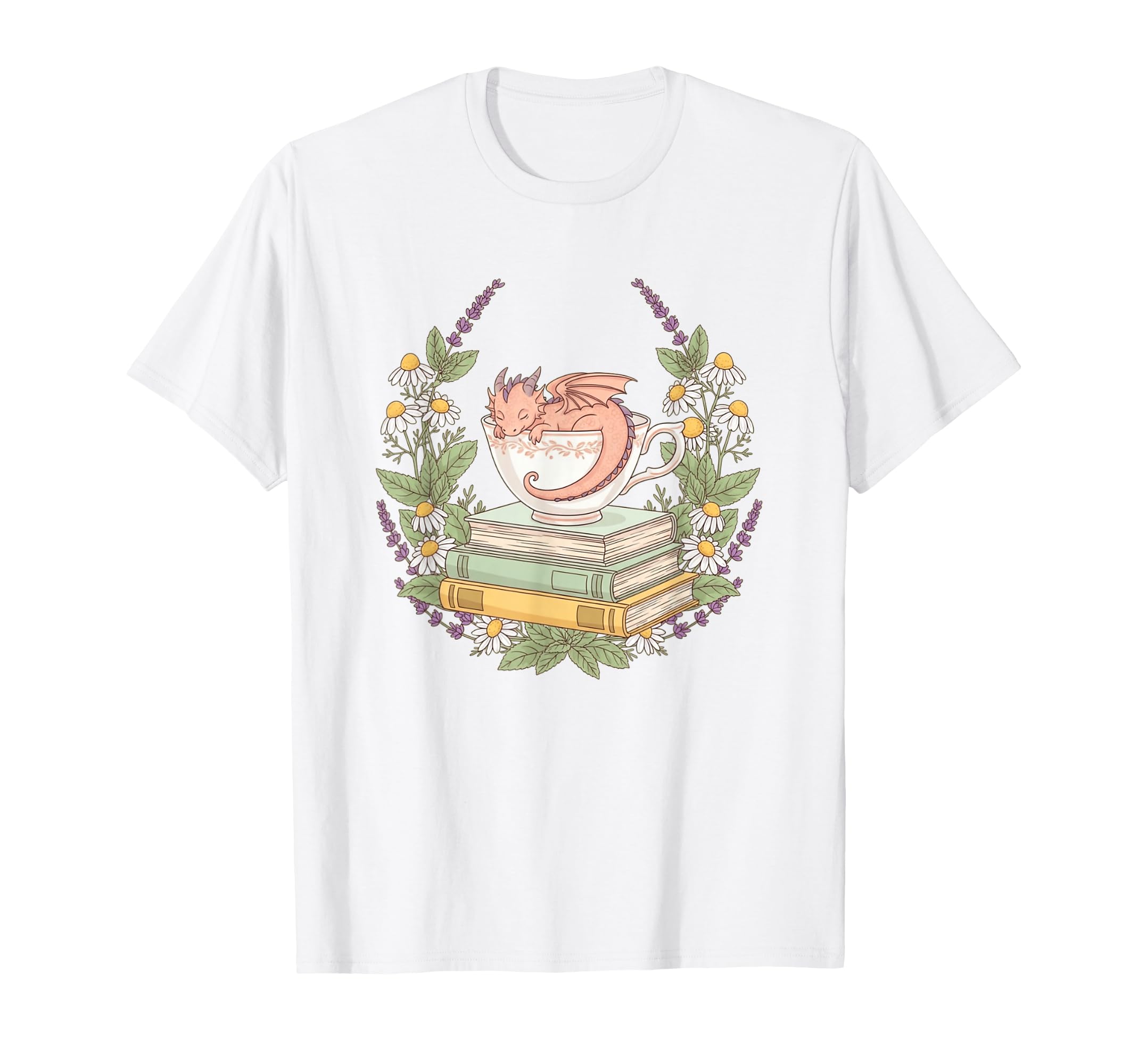 Sleeping Dragon Teacup Books And Flowers T-Shirt - Graphic Print Men Women - T-Shirt, Sweatshirt, Hoodie