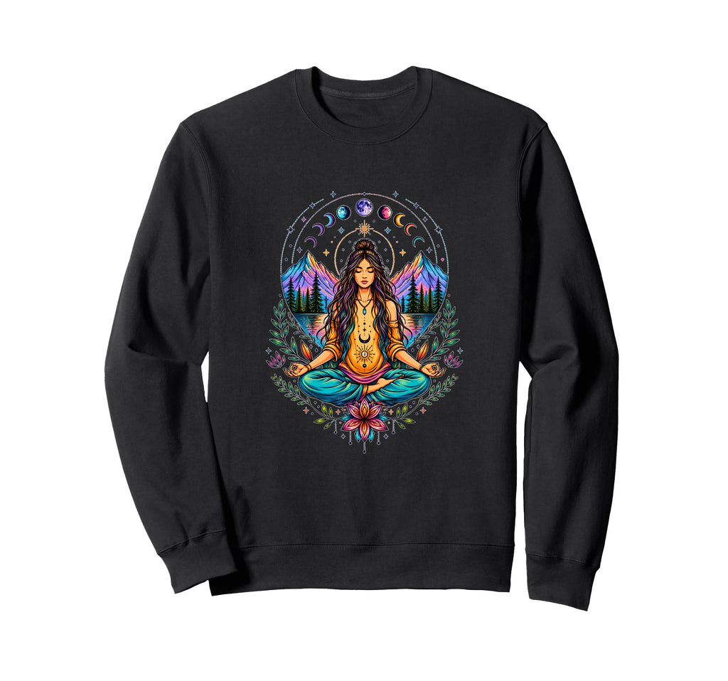 Boho Moon Phases Meditation Goddess Sweatshirt - Unique Graphic Unisex - T-Shirt, Sweatshirt, Hoodie