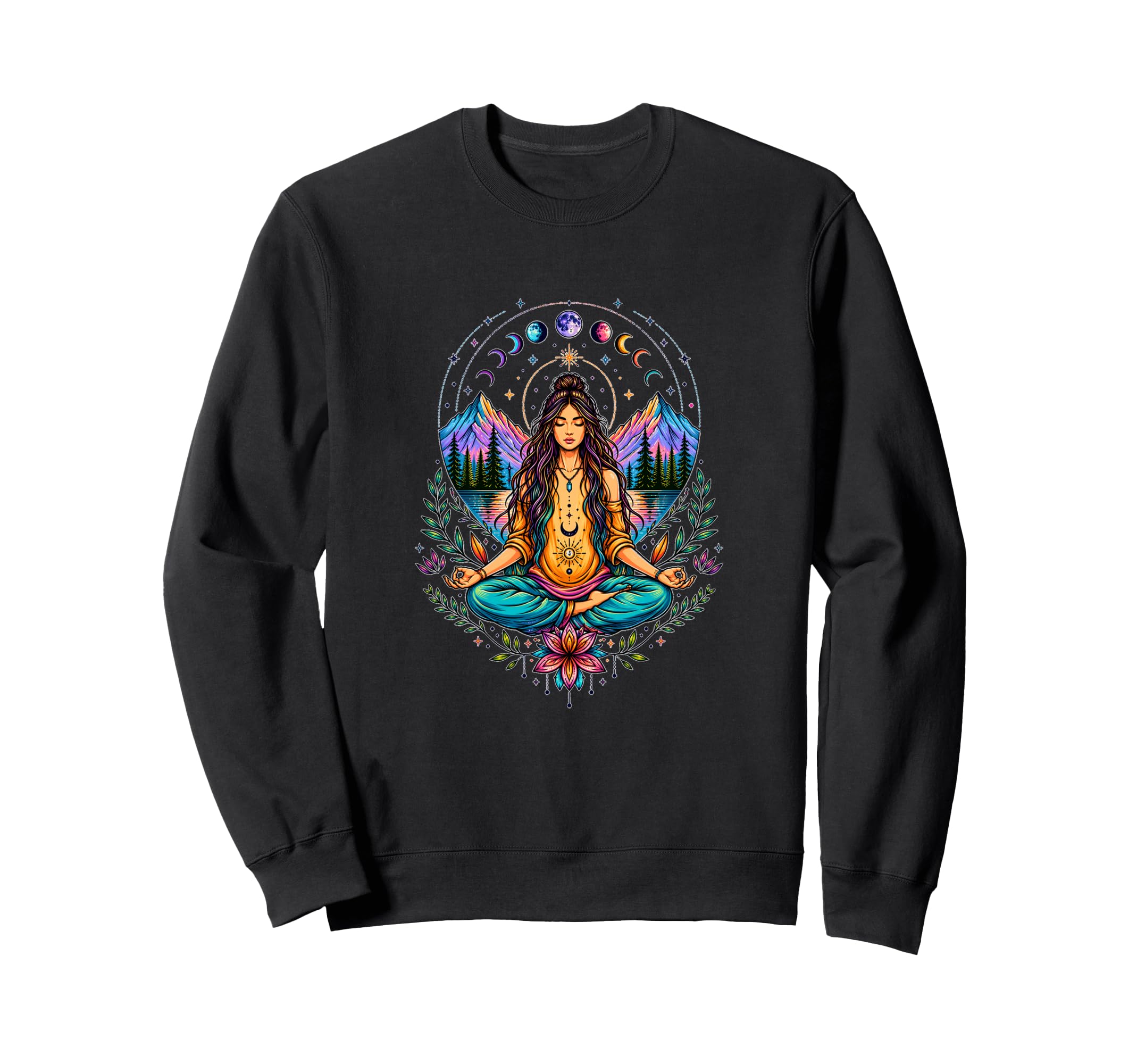 Boho Moon Phases Meditation Goddess Sweatshirt - Unique Graphic Unisex - T-Shirt, Sweatshirt, Hoodie