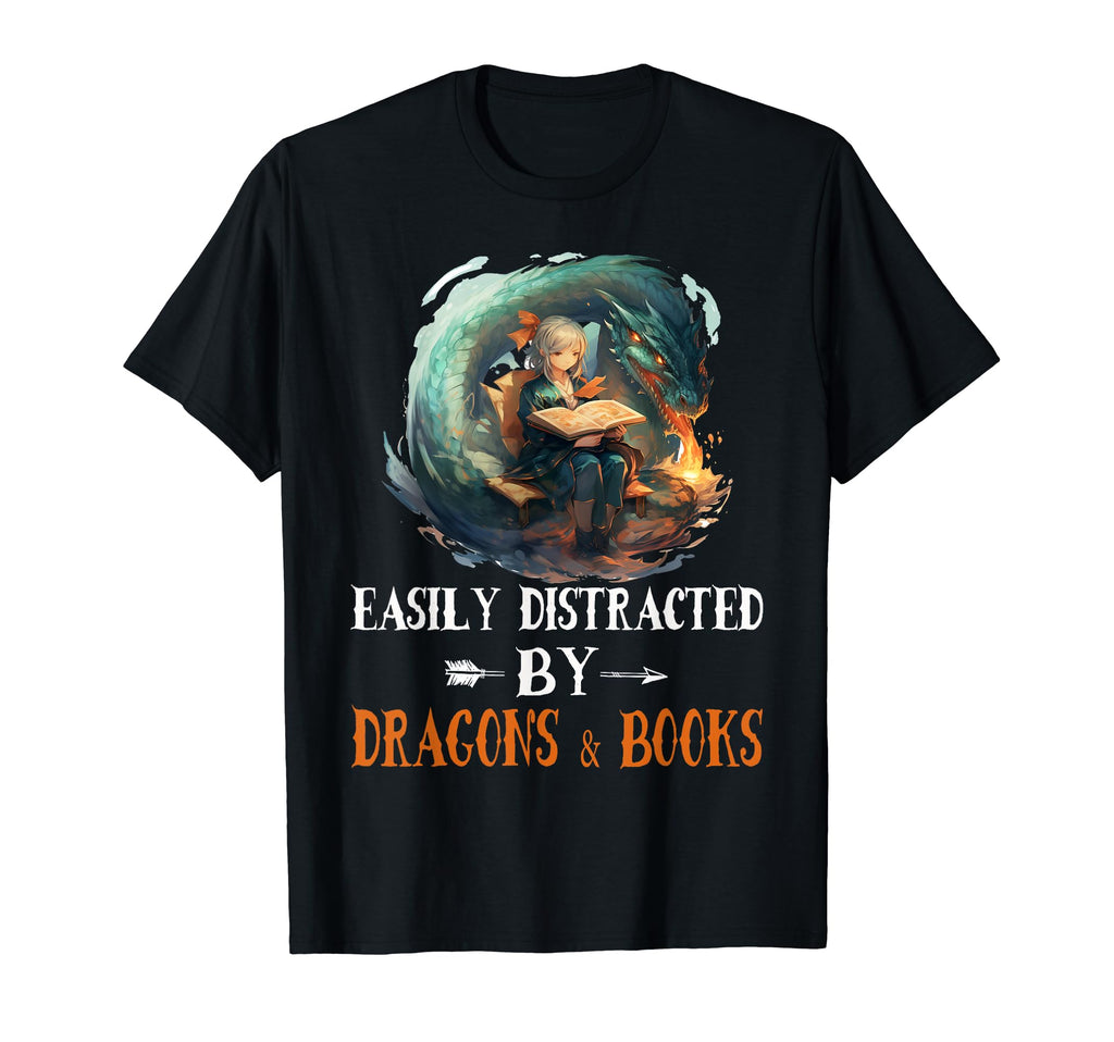 Easily Distracted Dragons And Books Funny T-Shirt - Unique Graphic Unisex - T-Shirt, Sweatshirt, Hoodie