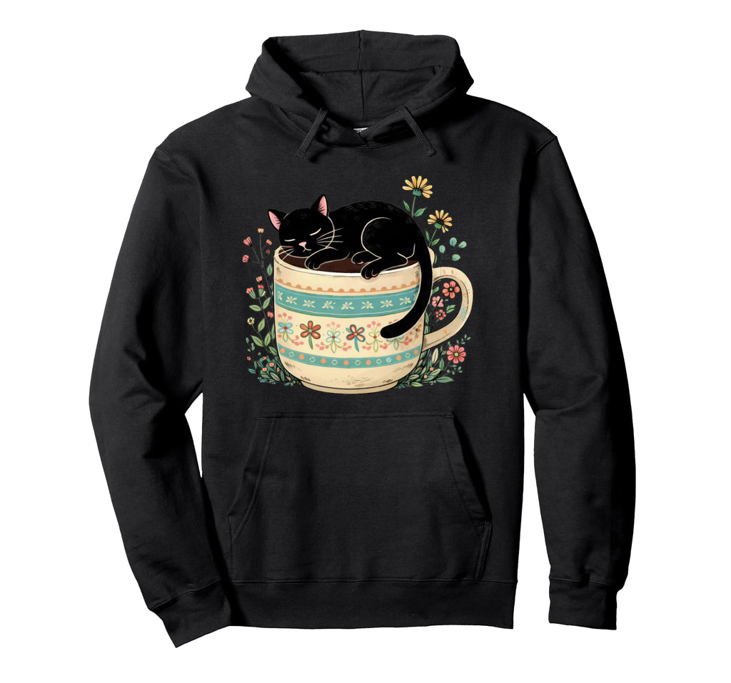 Floral Black Cat Sleeping Coffee Hoodie - Novelty Apparel Men Women - T-Shirt, Sweatshirt, Hoodie