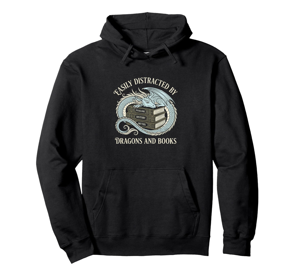 Easily Distracted Dragons And Books Hoodie - Minimalist Print Unisex - T-Shirt, Sweatshirt, Hoodie