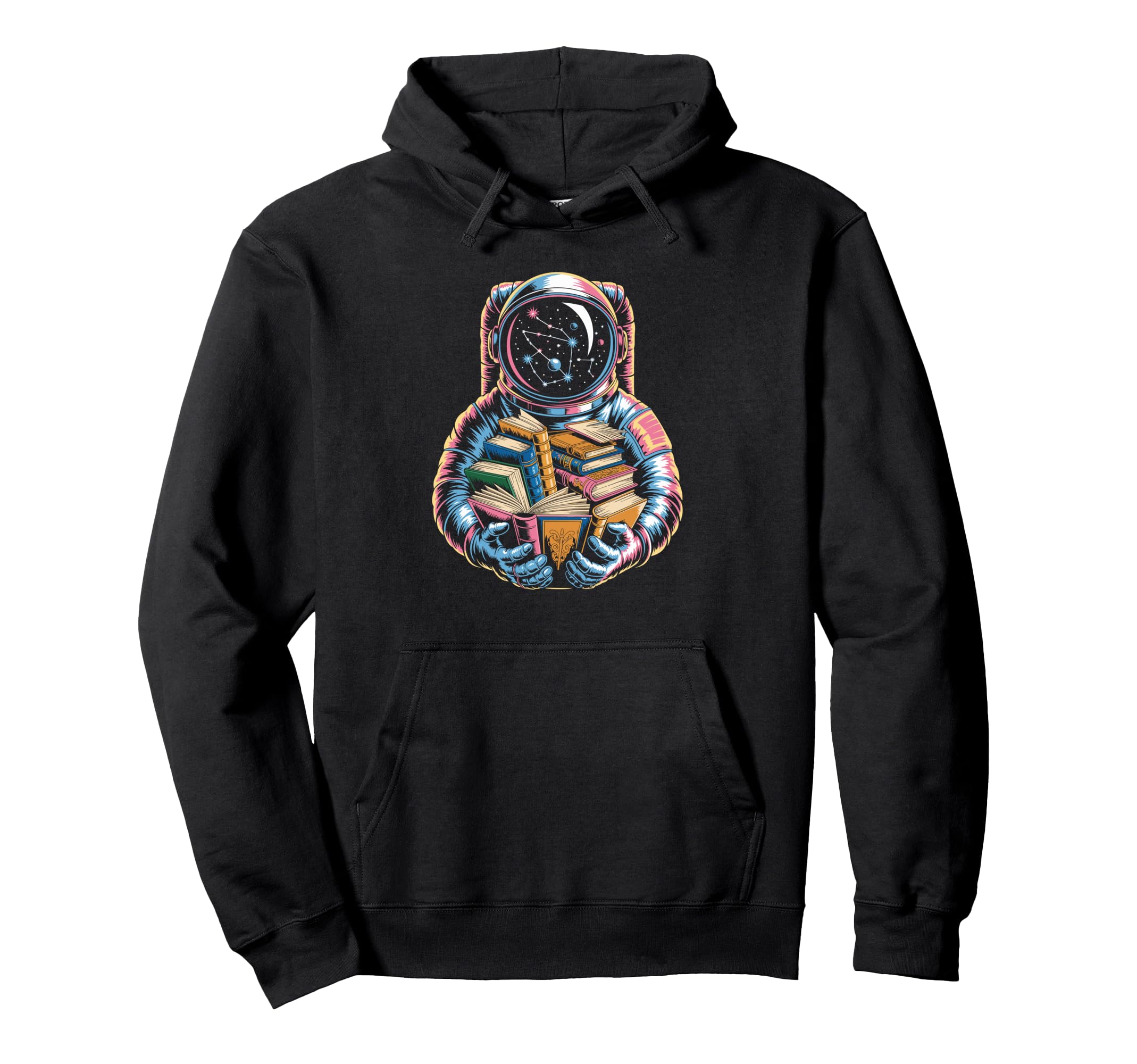 Colorful Galaxy Explorer Reading Cosmic Hoodie - Unique Graphic Unisex - T-Shirt, Sweatshirt, Hoodie