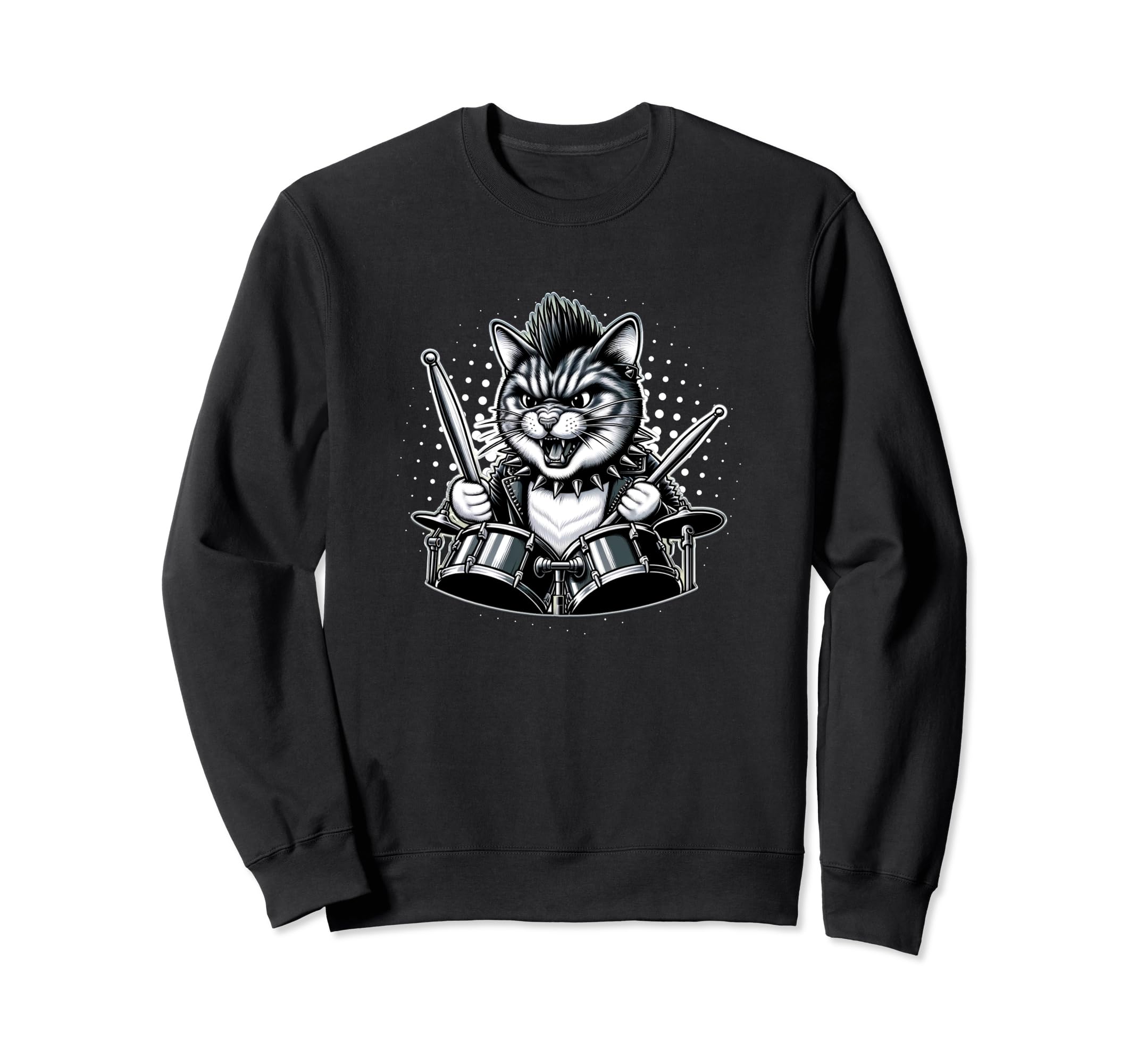 Cat Playing Drums Punk Rock Heavy Sweatshirt - Custom Art Print for Adults - T-Shirt, Sweatshirt, Hoodie