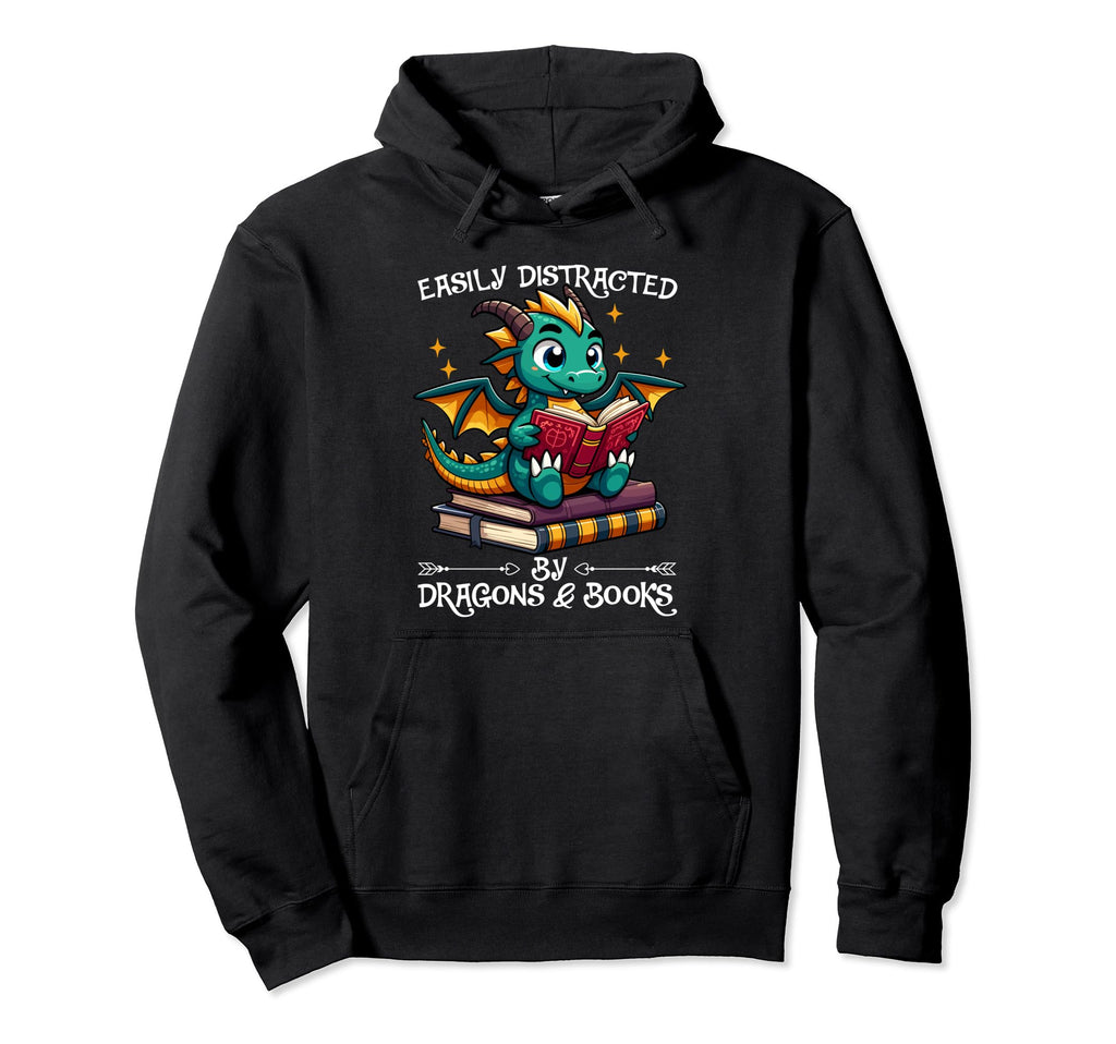 Easily Distracted Dragon And Books Hoodie - Minimalist Print for Adults - T-Shirt, Sweatshirt, Hoodie