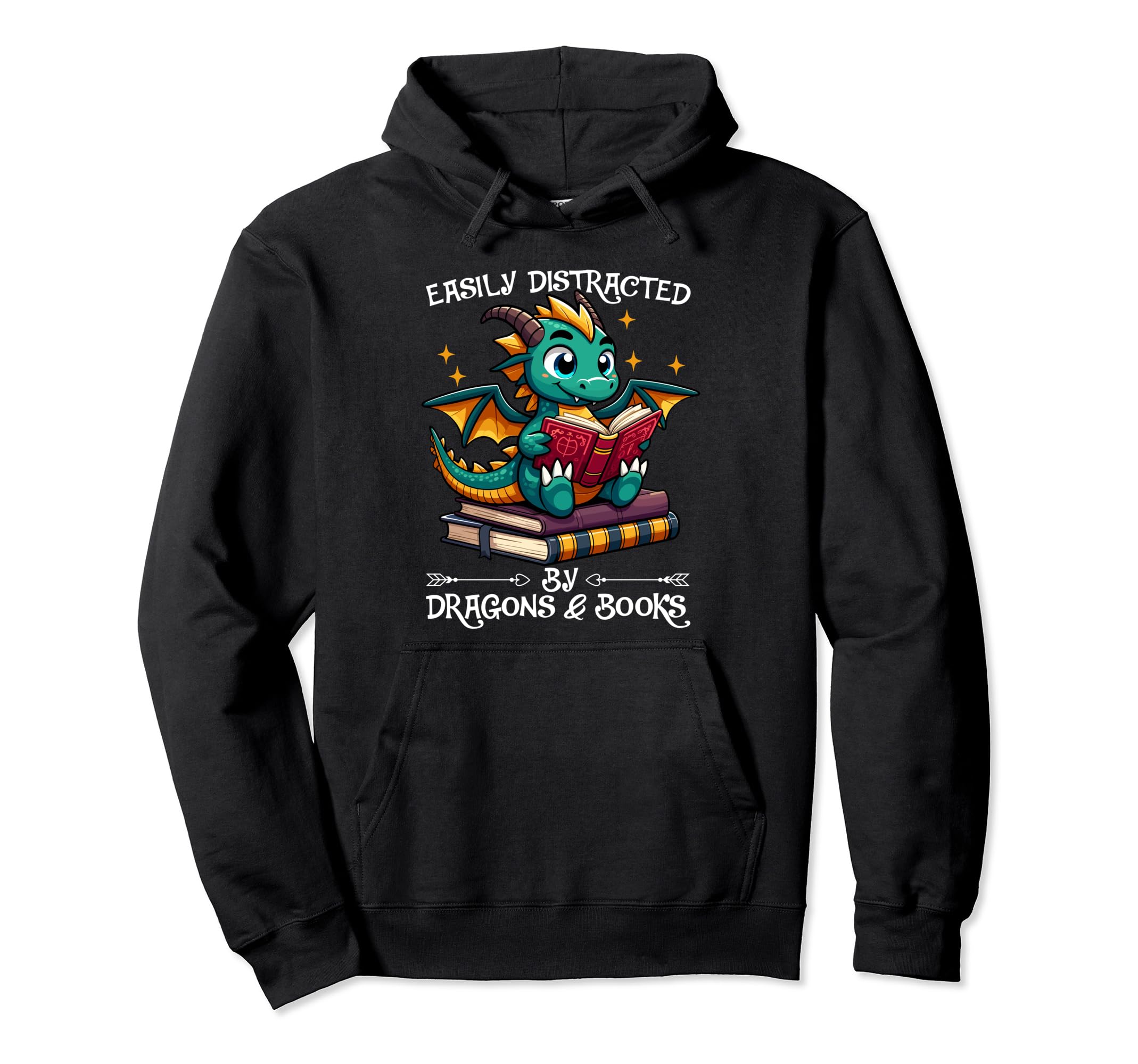 Easily Distracted Dragon And Books Hoodie - Minimalist Print for Adults - T-Shirt, Sweatshirt, Hoodie