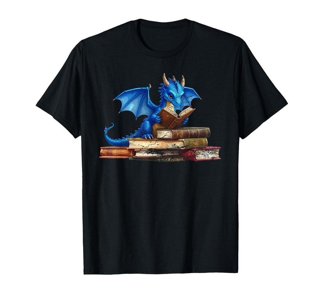 Book Lover Dragon Reading Stack Books T-Shirt - Graphic Print Men Women - T-Shirt, Sweatshirt, Hoodie