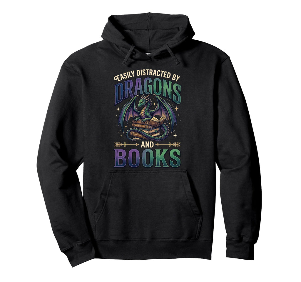Easily Distracted Dragons And Books Hoodie - Novelty Apparel Men Women - T-Shirt, Sweatshirt, Hoodie