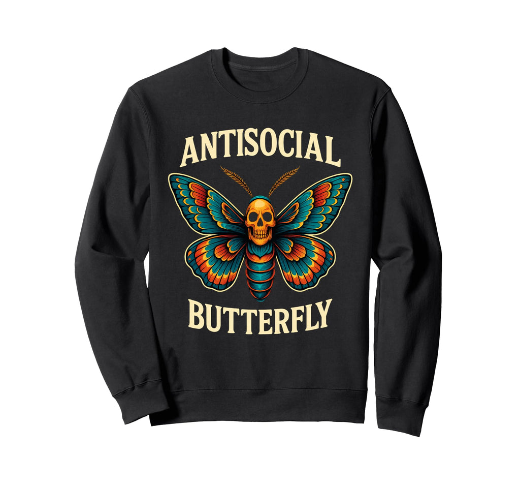 Antisocial Butterfly Skull Goth Moth Sweatshirt - Novelty Apparel Unisex - T-Shirt, Sweatshirt, Hoodie