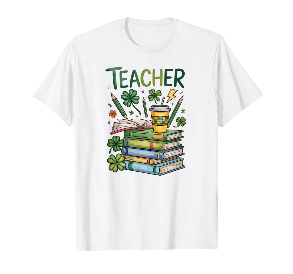 Lucky Teacher St Patricks Day Books Coffee T-Shirt - Trendy Graphic Unisex - T-Shirt, Sweatshirt, Hoodie