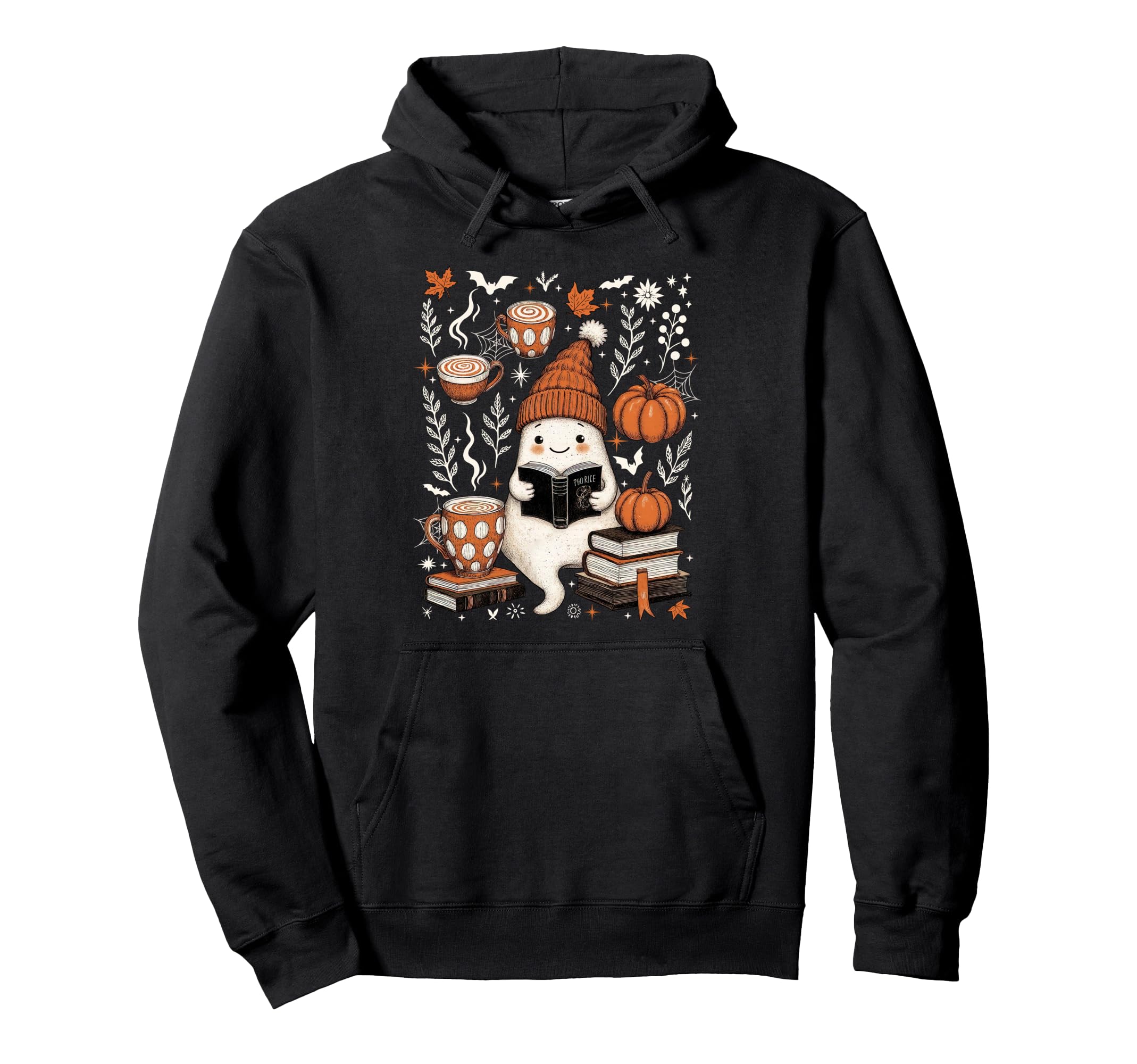 Ghost Reading Book Coffee Pumpkins Hoodie - Streetwear Style for Adults - T-Shirt, Sweatshirt, Hoodie