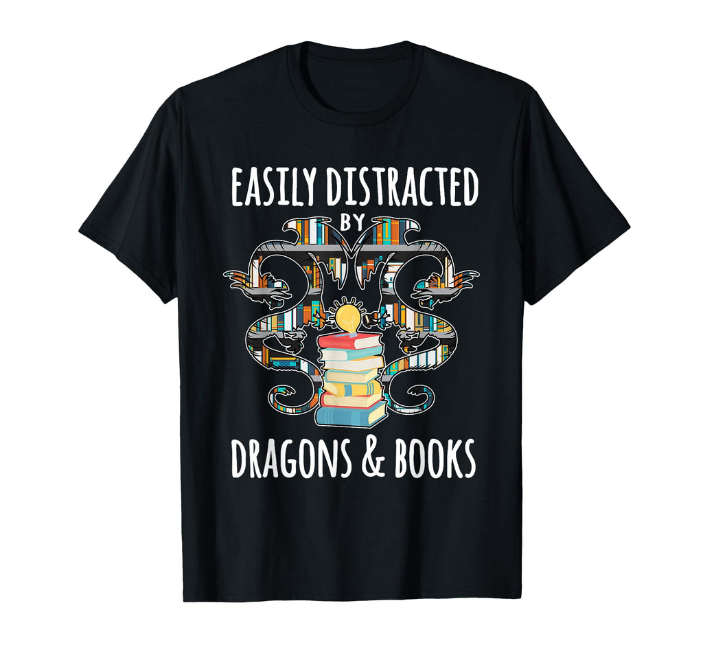 Easily Distracted Dragon And Books Nerds T-Shirt - Custom Art Print Unisex - T-Shirt, Sweatshirt, Hoodie
