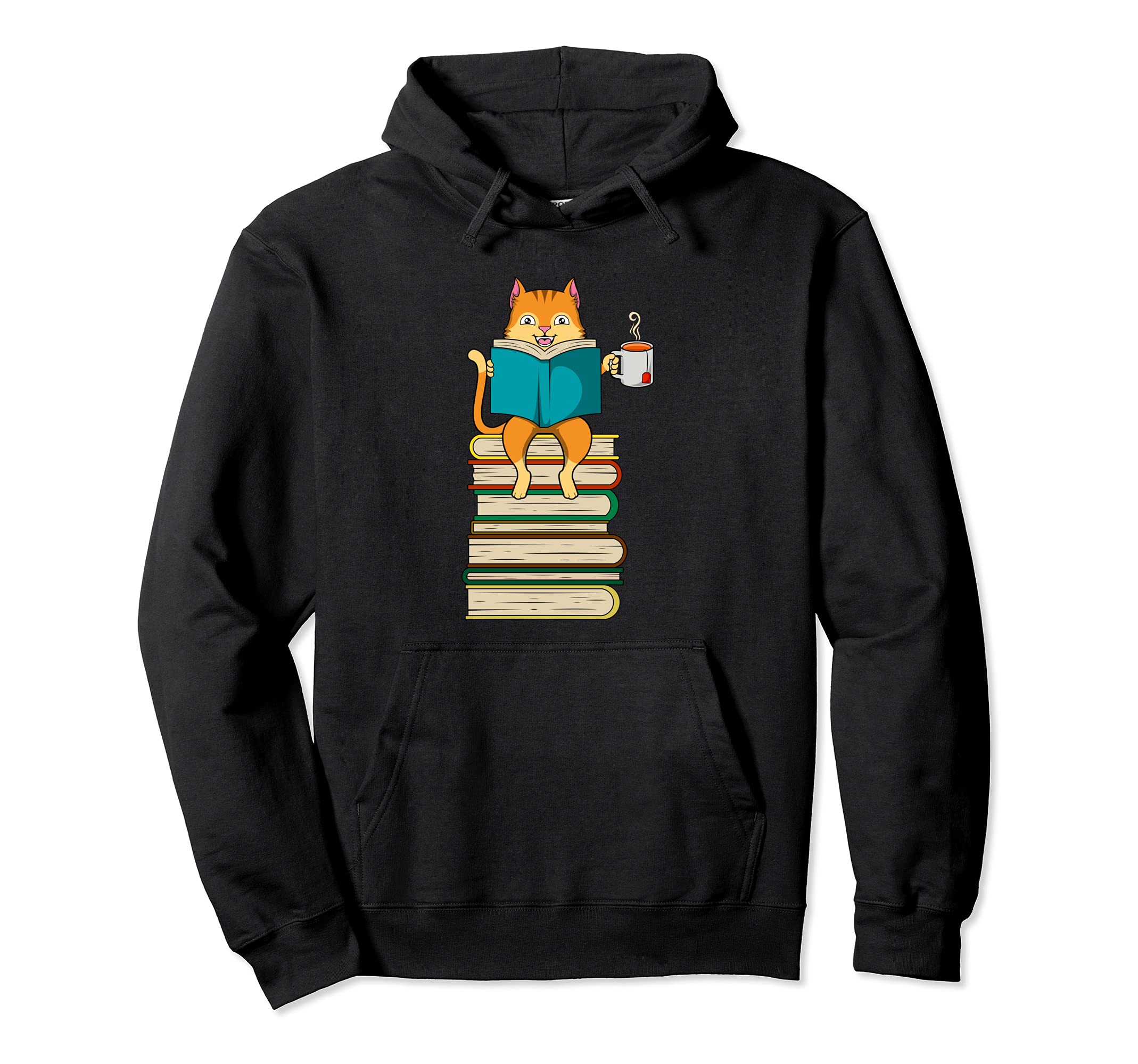 Funny Cat Books Reading And Drinking Tea Hoodie - Graphic Print Men Women - T-Shirt, Sweatshirt, Hoodie
