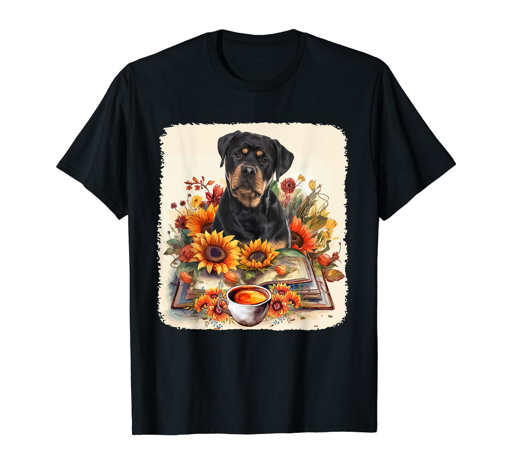 Rottweiler Reading Books Sunflowers T-Shirt - Minimalist Print Men Women - T-Shirt, Sweatshirt, Hoodie