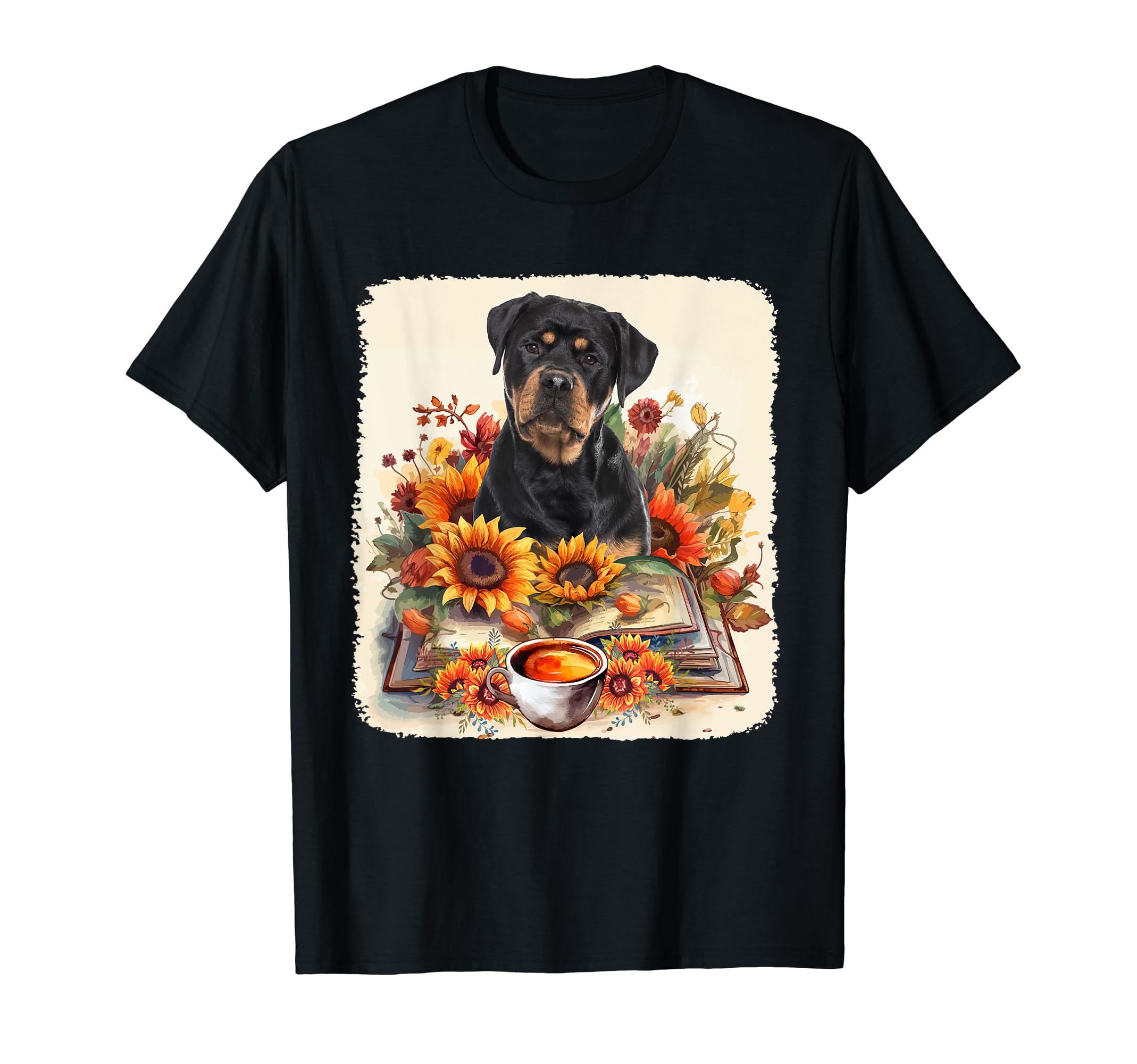 Rottweiler Reading Books Sunflowers T-Shirt - Minimalist Print Men Women - T-Shirt, Sweatshirt, Hoodie