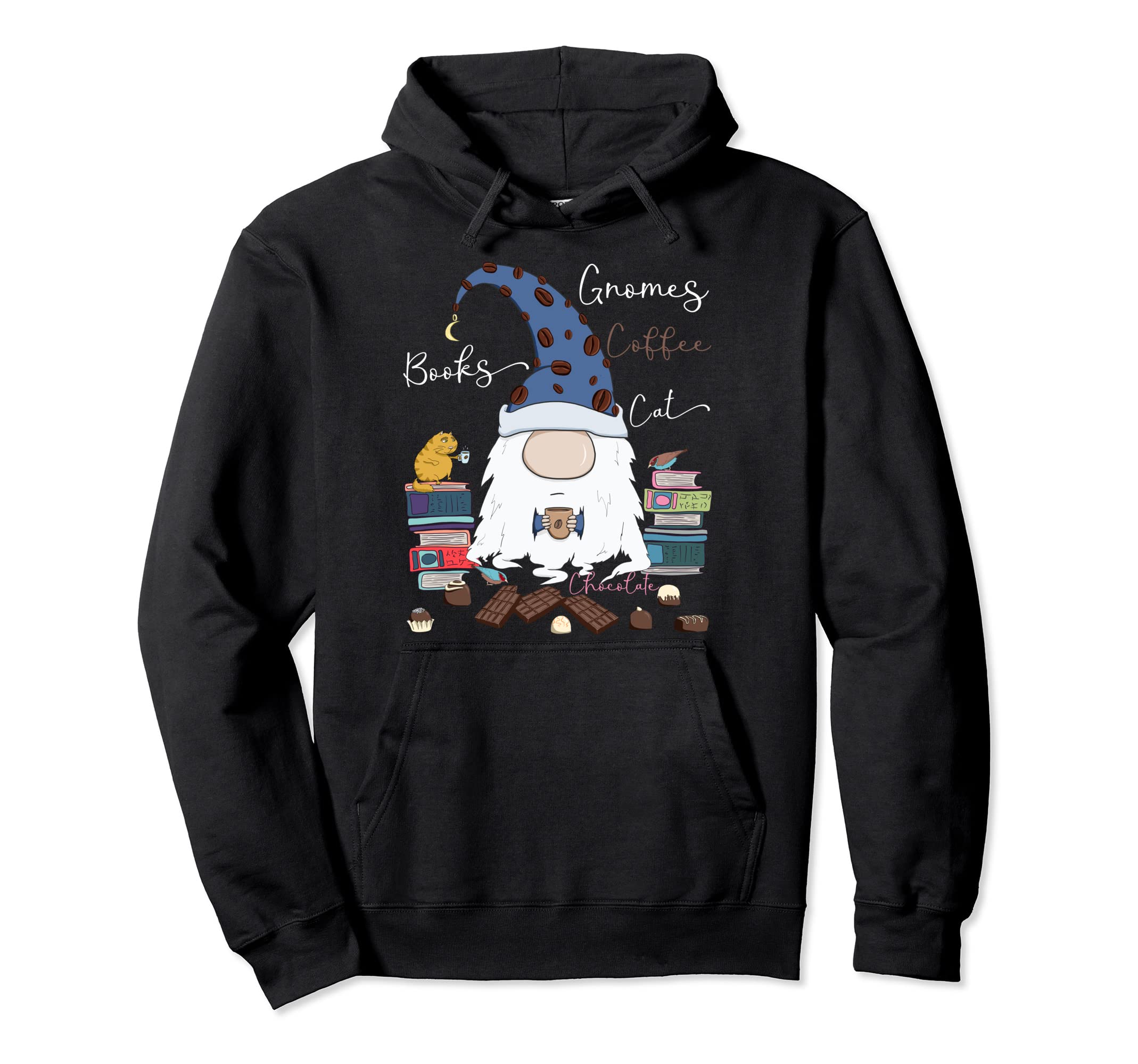 Gnomes Coffee Books Cat Chocolate Gnome Hoodie - Unique Graphic Unisex - T-Shirt, Sweatshirt, Hoodie