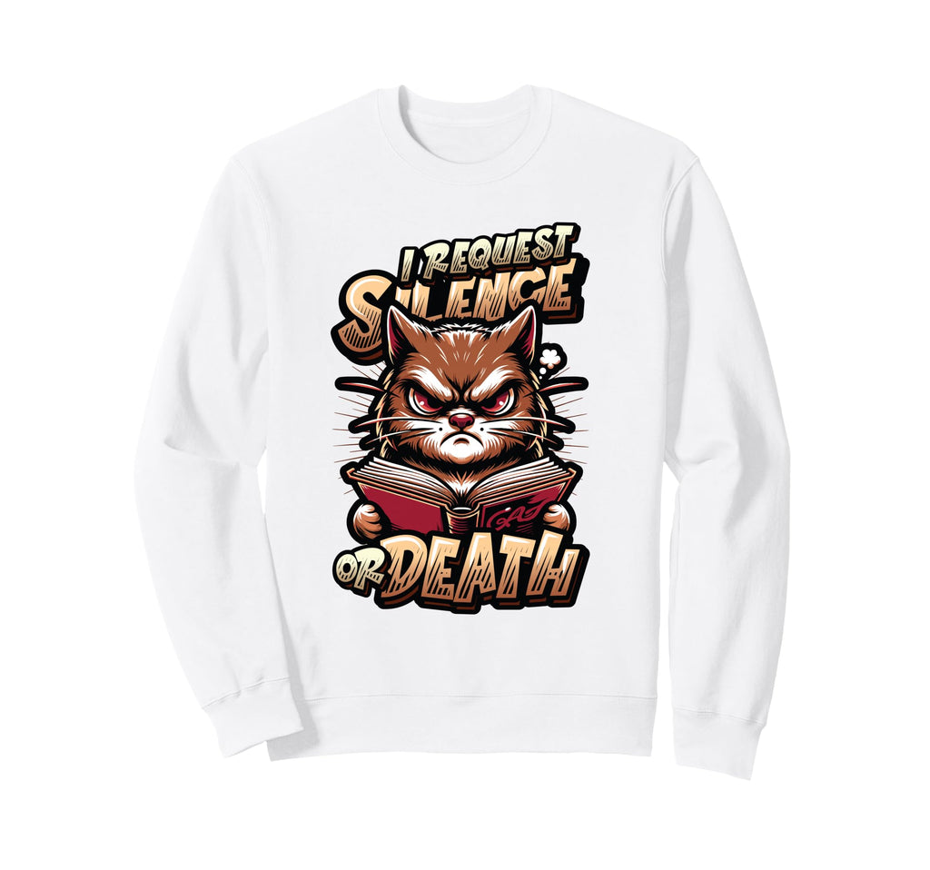 Cat Reading Book Requests Silence Sweatshirt - Minimalist Print for Adults - T-Shirt, Sweatshirt, Hoodie