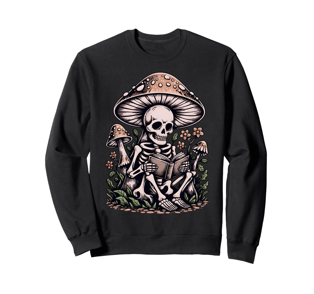 Floral Mushroom Skeleton Reading Book Sweatshirt - Unique Graphic Unisex - T-Shirt, Sweatshirt, Hoodie