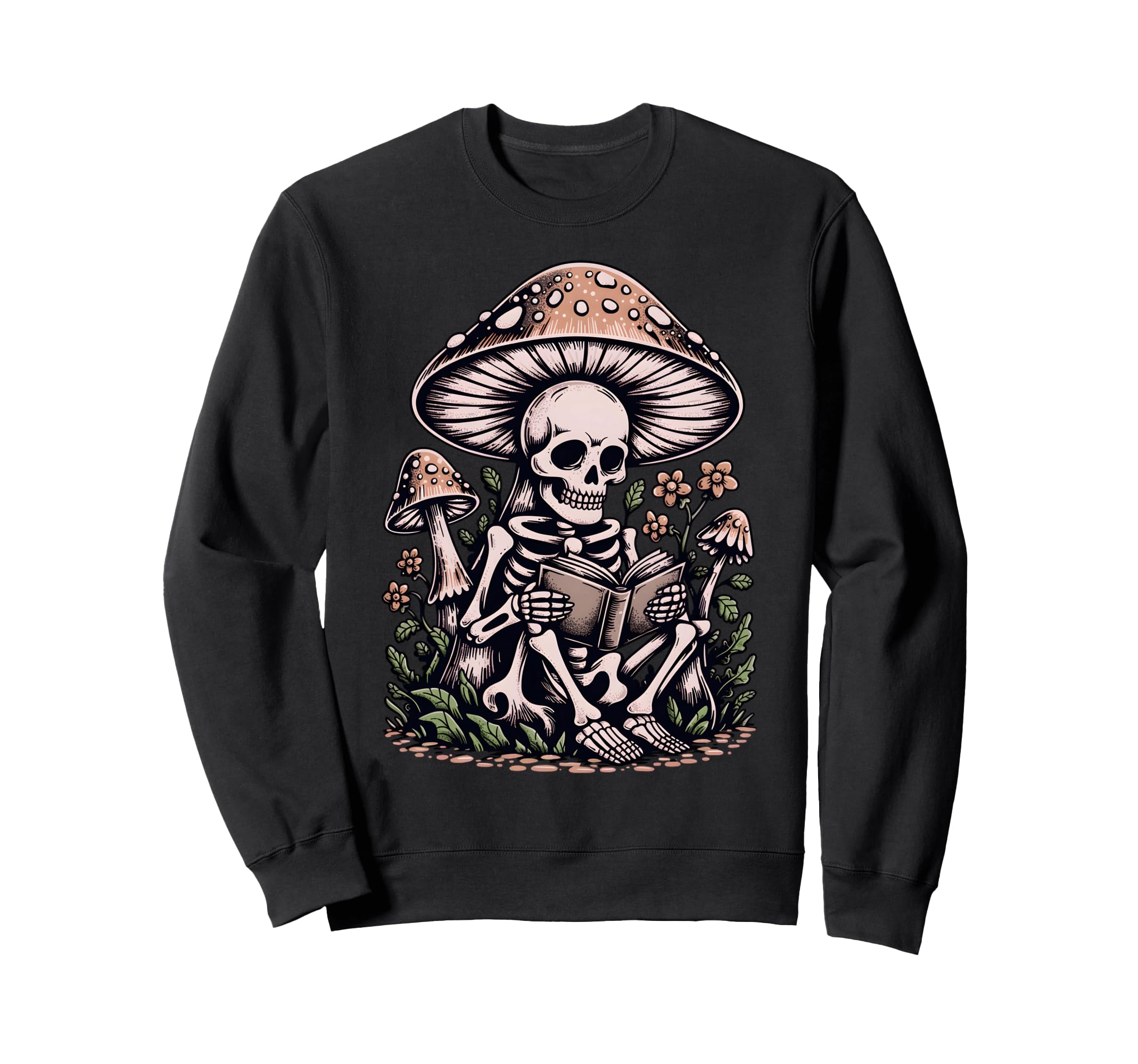 Floral Mushroom Skeleton Reading Book Sweatshirt - Unique Graphic Unisex - T-Shirt, Sweatshirt, Hoodie