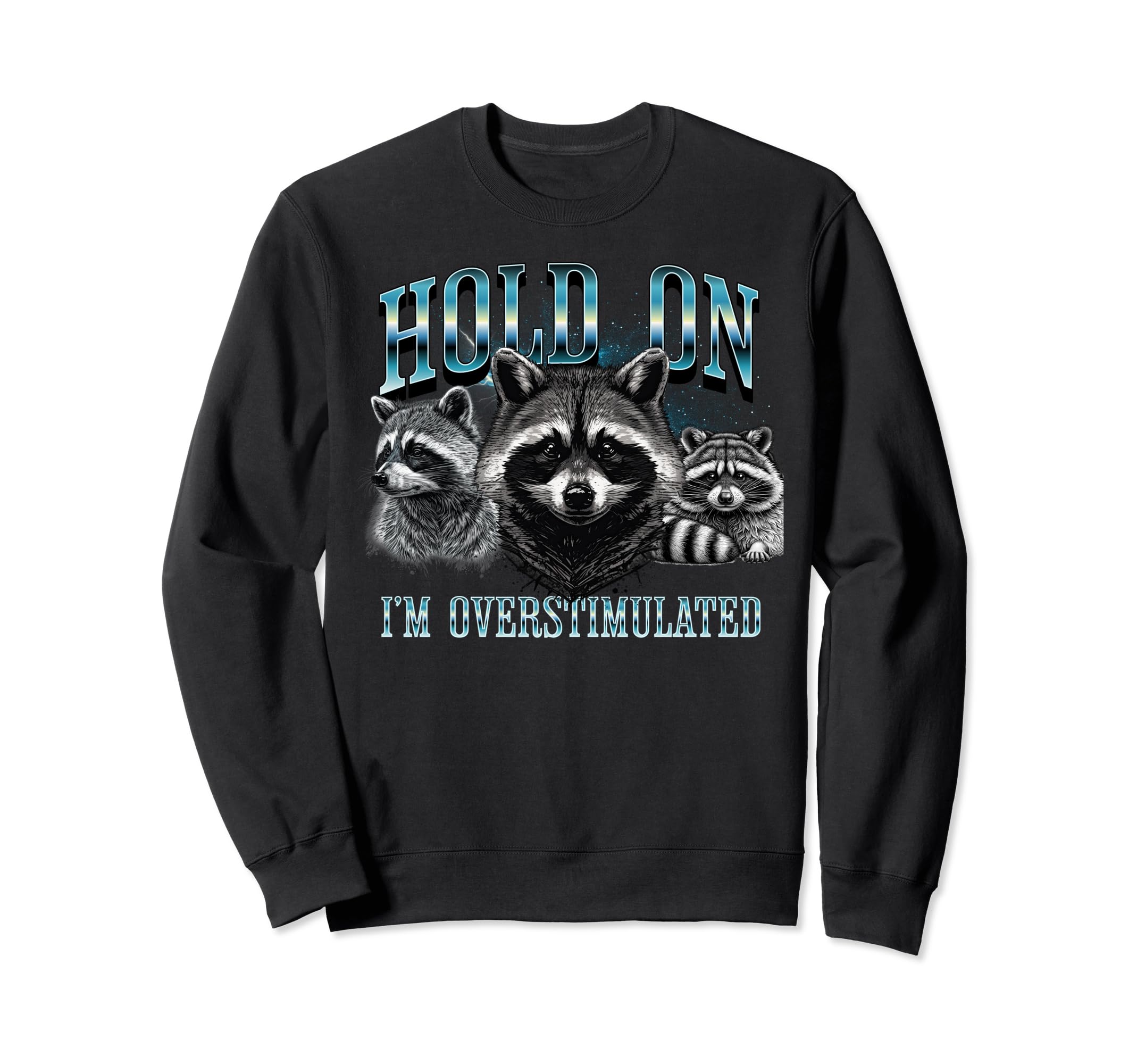 Hold I Am Overstimulated Raccoon Sweatshirt - Aesthetic Graphic Unisex - T-Shirt, Sweatshirt, Hoodie