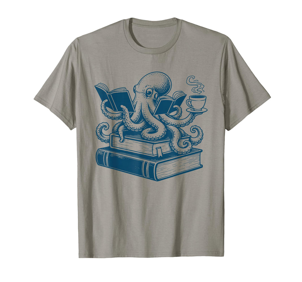 Octopus Reading Books Librarian And Coffee T-Shirt - Unique Graphic Unisex - T-Shirt, Sweatshirt, Hoodie