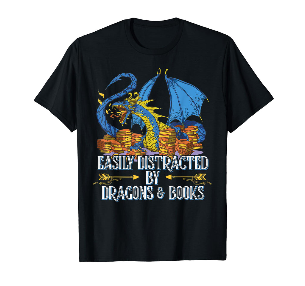 Easily Distracted Dragon And Books Nerds T-Shirt - Graphic Print Unisex - T-Shirt, Sweatshirt, Hoodie