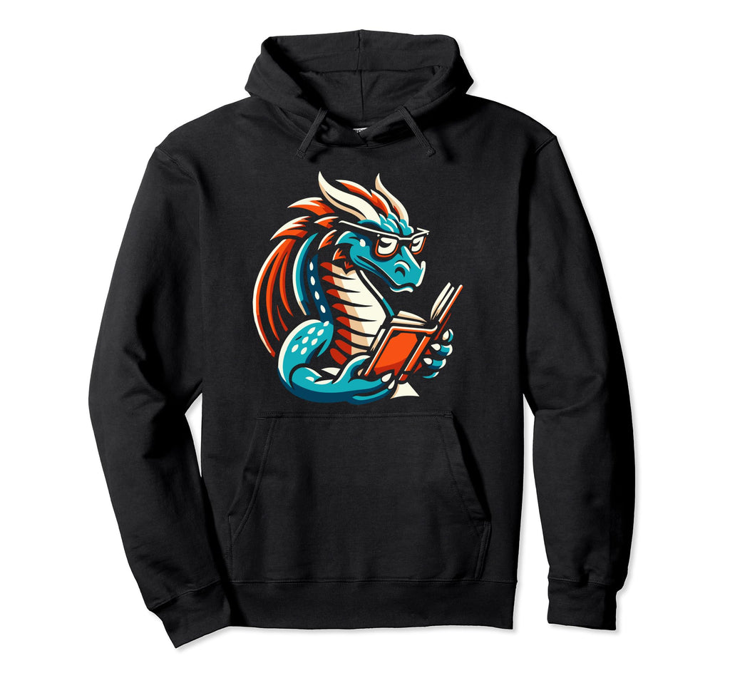 Dragon Reading Book Dragon Enthusiast Hoodie - Minimalist Print for Adults - T-Shirt, Sweatshirt, Hoodie