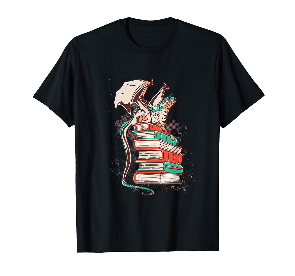 Small Dragon Sitting Pile Books T-Shirt - Novelty Apparel Men Women - T-Shirt, Sweatshirt, Hoodie