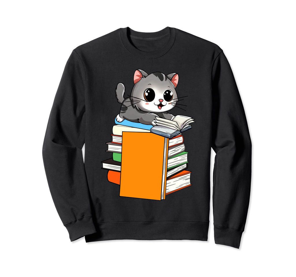 Kawaii Cat Books Funny Book Nerd Sweatshirt - Custom Art Print Men Women - T-Shirt, Sweatshirt, Hoodie